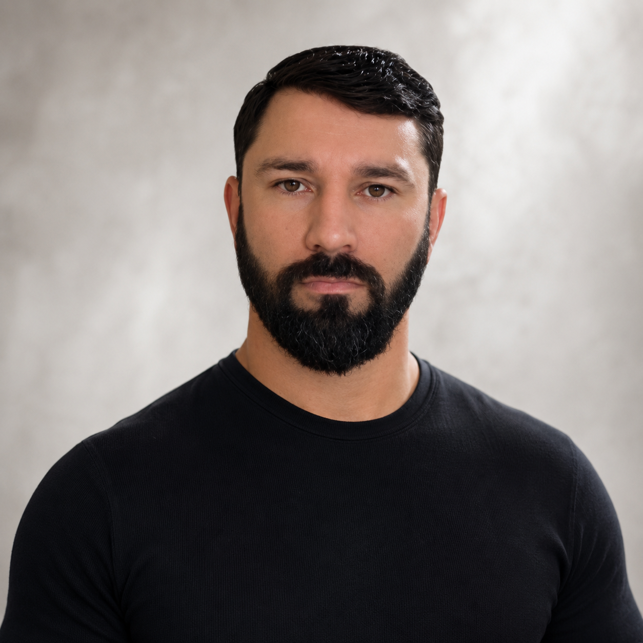 Portrait of a man with dark hair, a full beard, wearing a black shirt, standing against a light, neutral background.