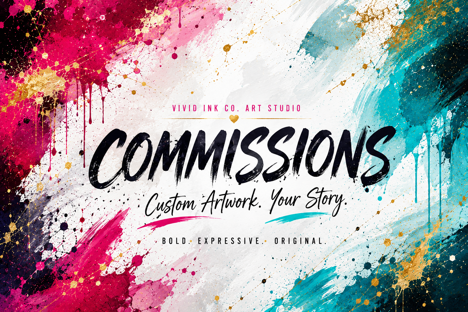 Colorful abstract background with paint splashes in pink, gold, black, white, and blue; text promoting custom art artwork and commissions by Vivid Ink Co. Art Studio.