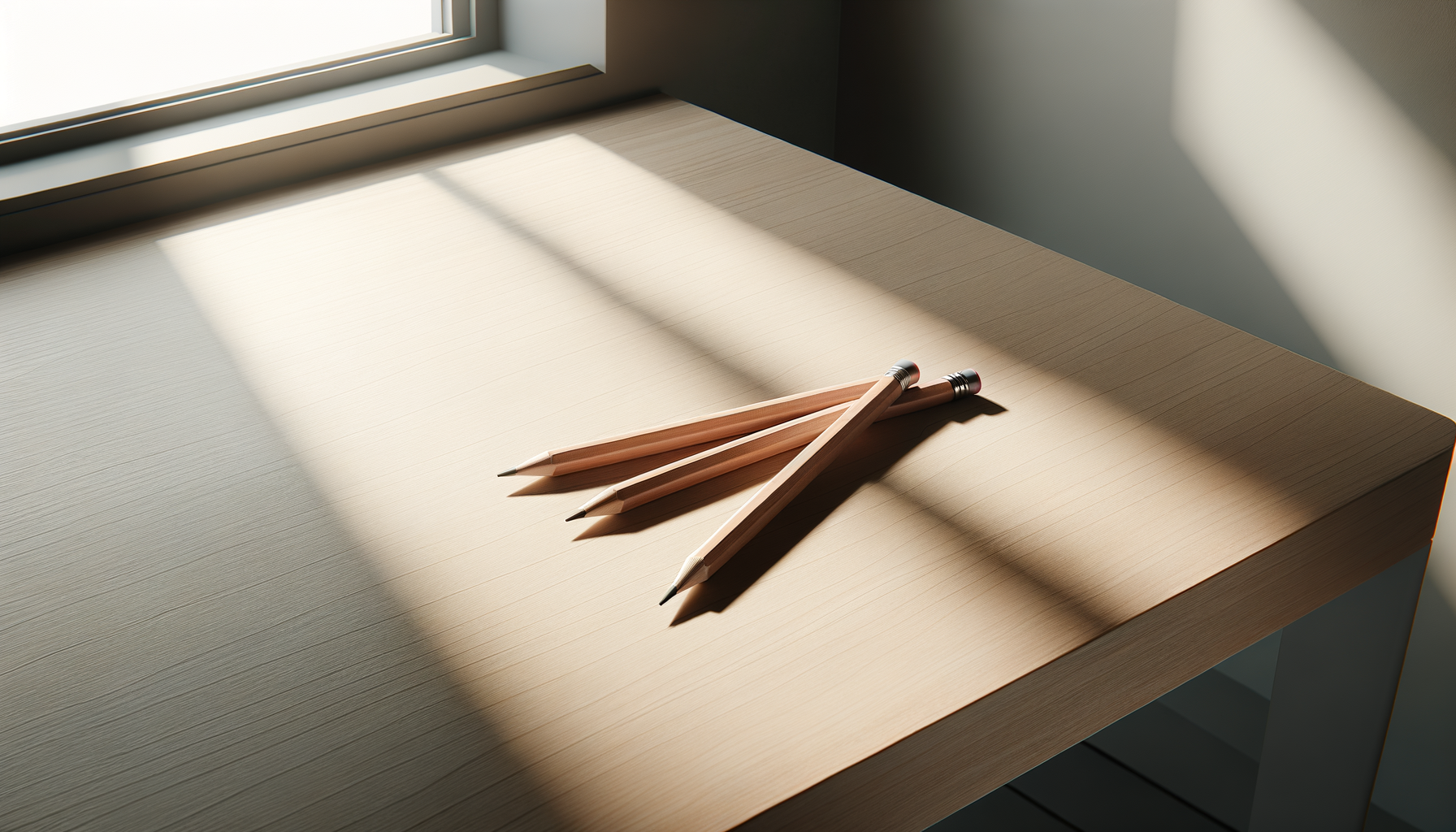 Four wooden pencils with erasers on a light wood desk by a window, casting shadows in the sunlight.
