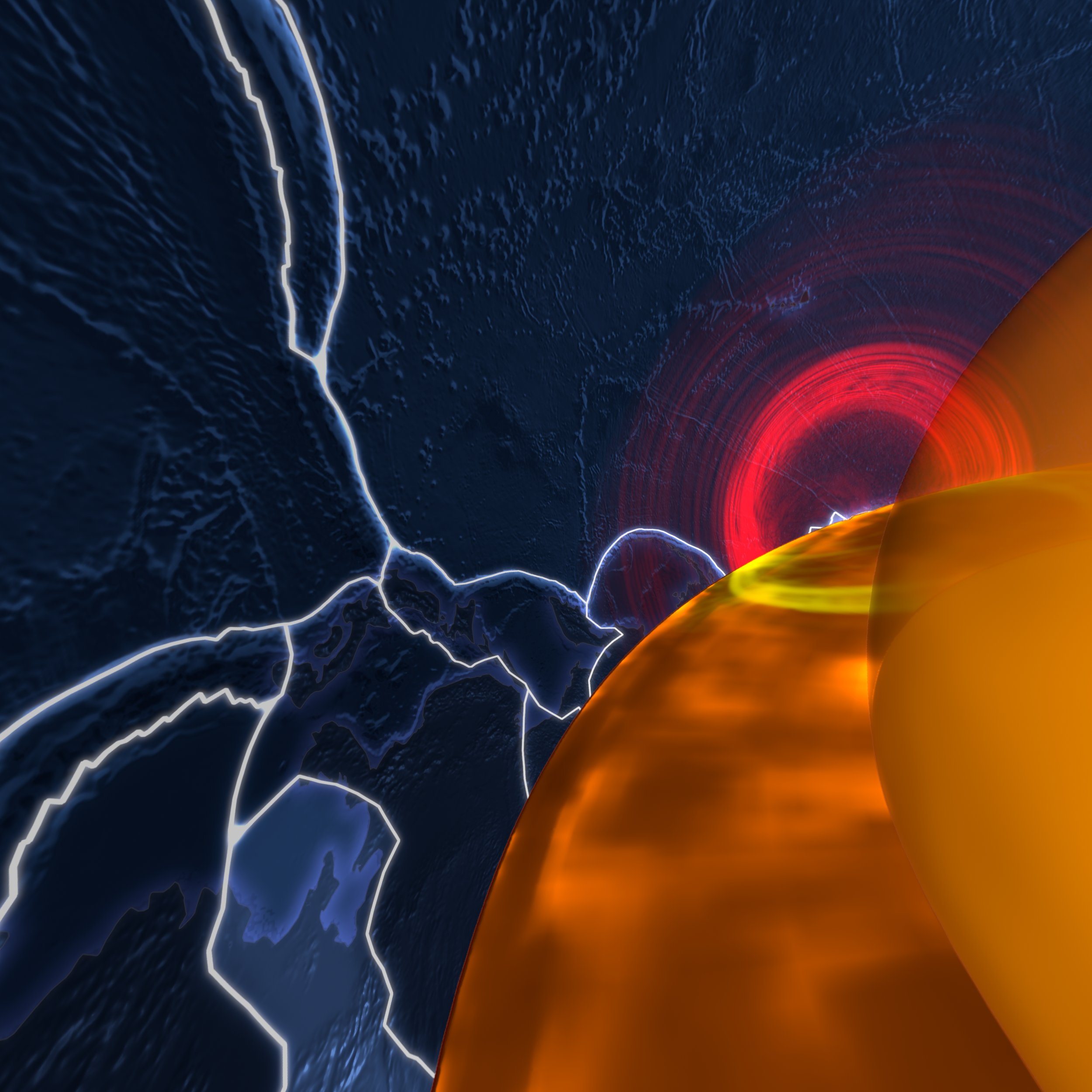 Visualization of seismic waves on the
Earth’s surface above (red), and
propagating through the mantle below
(yellow), viewed from within the Earth. | California Academy of Sciences, 
Data courtesy of Lawrence Livermore
National Laboratory