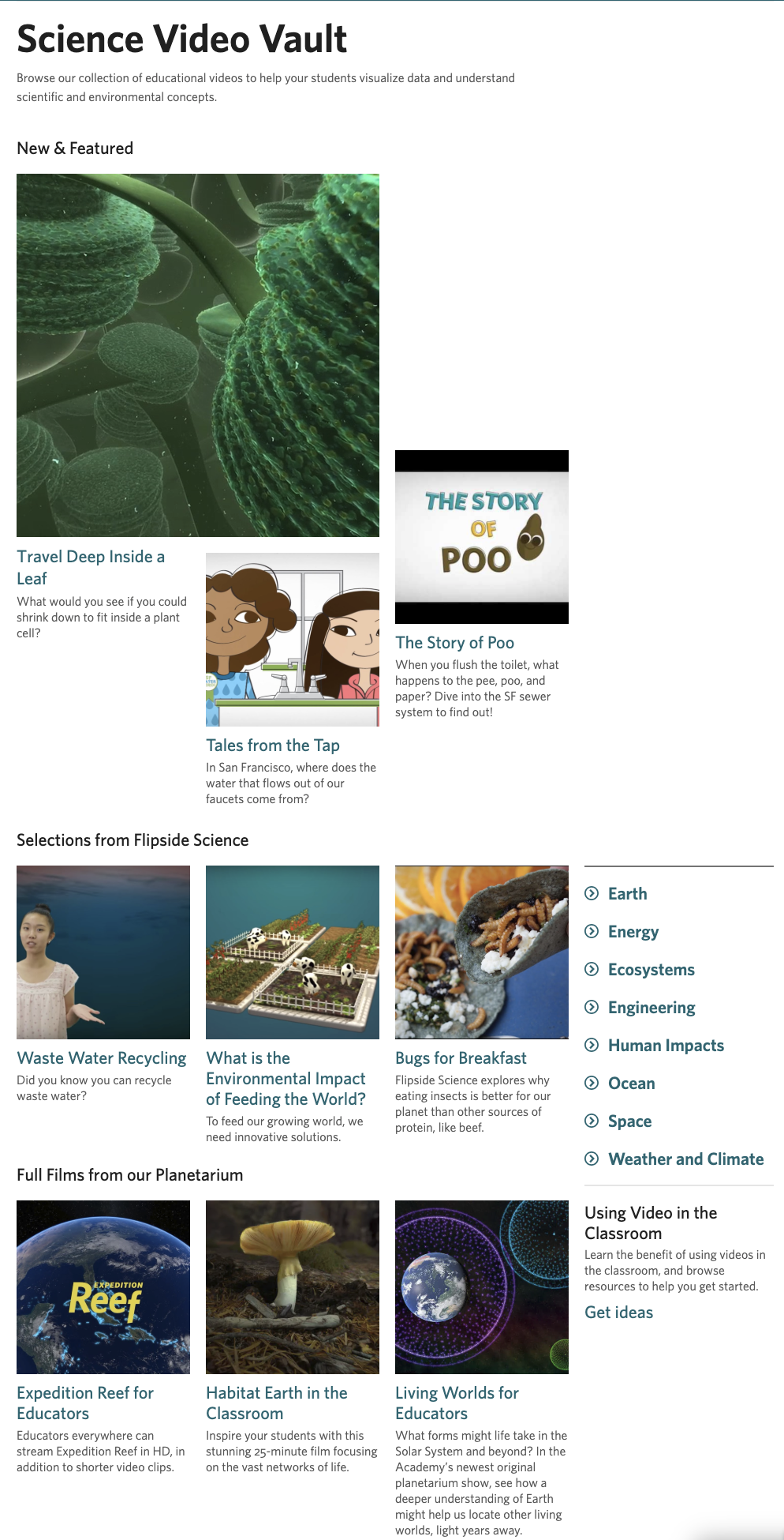 Screenshot of the Science Video Vault webpage featuring educational science videos and topics, including microscopic plant cells, digestive system, water cycle, environmental impact, and space exploration.