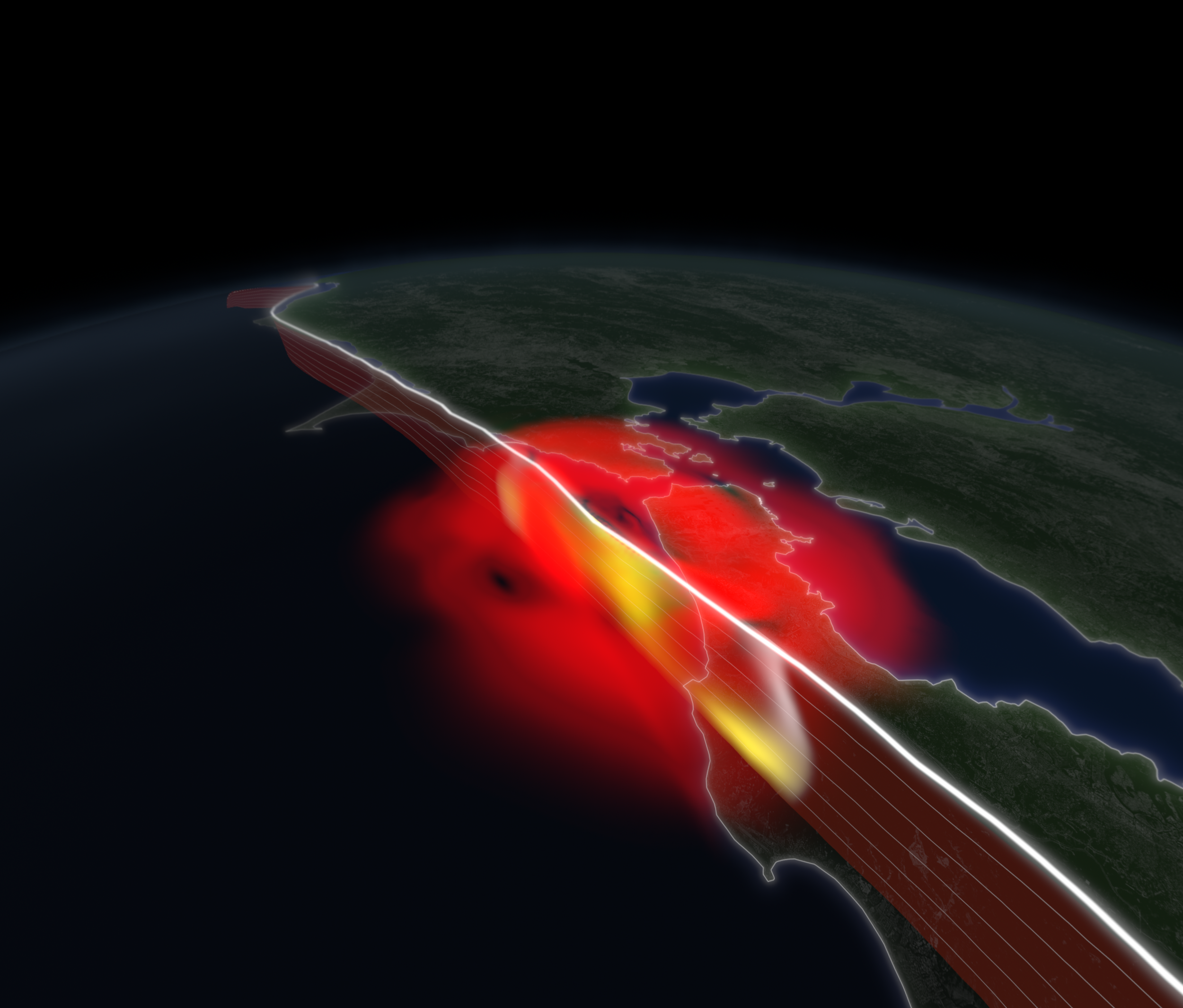 Simulation of the 1906 Earthquake,
showing the spread of surface shaking and
fault slippage (in red and yellow,
respectively). | California Academy of Sciences, Data courtesy of Lawrence
Livermore National Laboratory