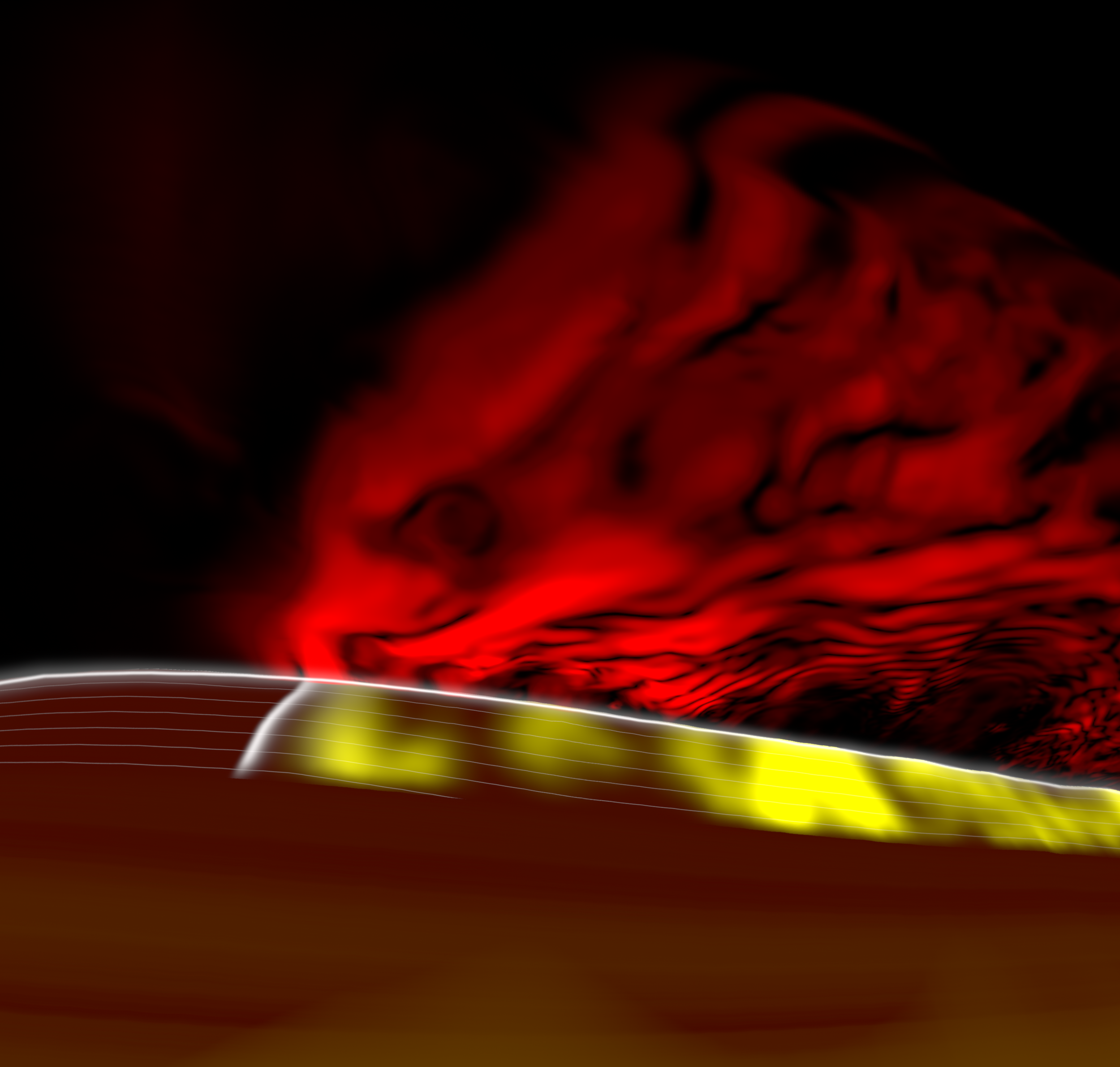 Seismic simulation showing the spread of
surface shaking and fault slippage, viewed
from below Earth’s crust. | California Academy of Sciences, Data courtesy of
Lawrence Livermore National Laboratory