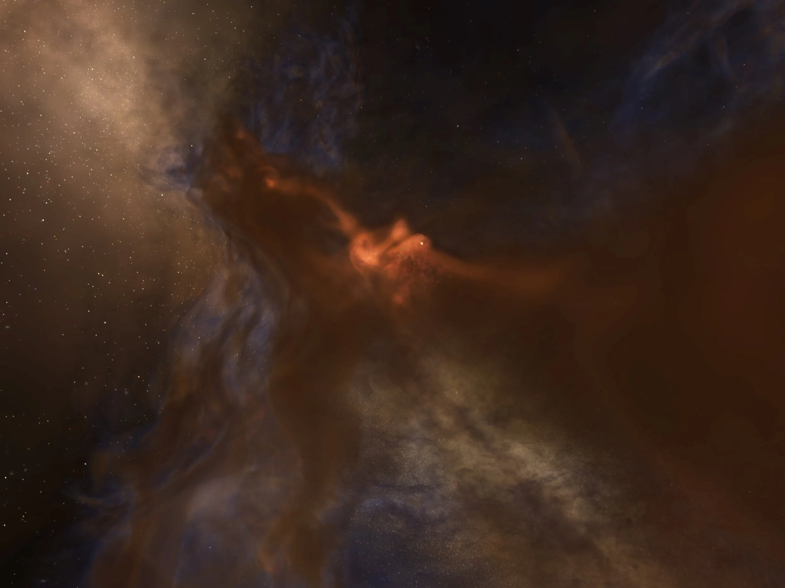 An astrophysical simulation of a Giant Molecular Cloud, a region of cool, dense gas and dust in which stars and planets form. | California Academy of Sciences /
NCSA