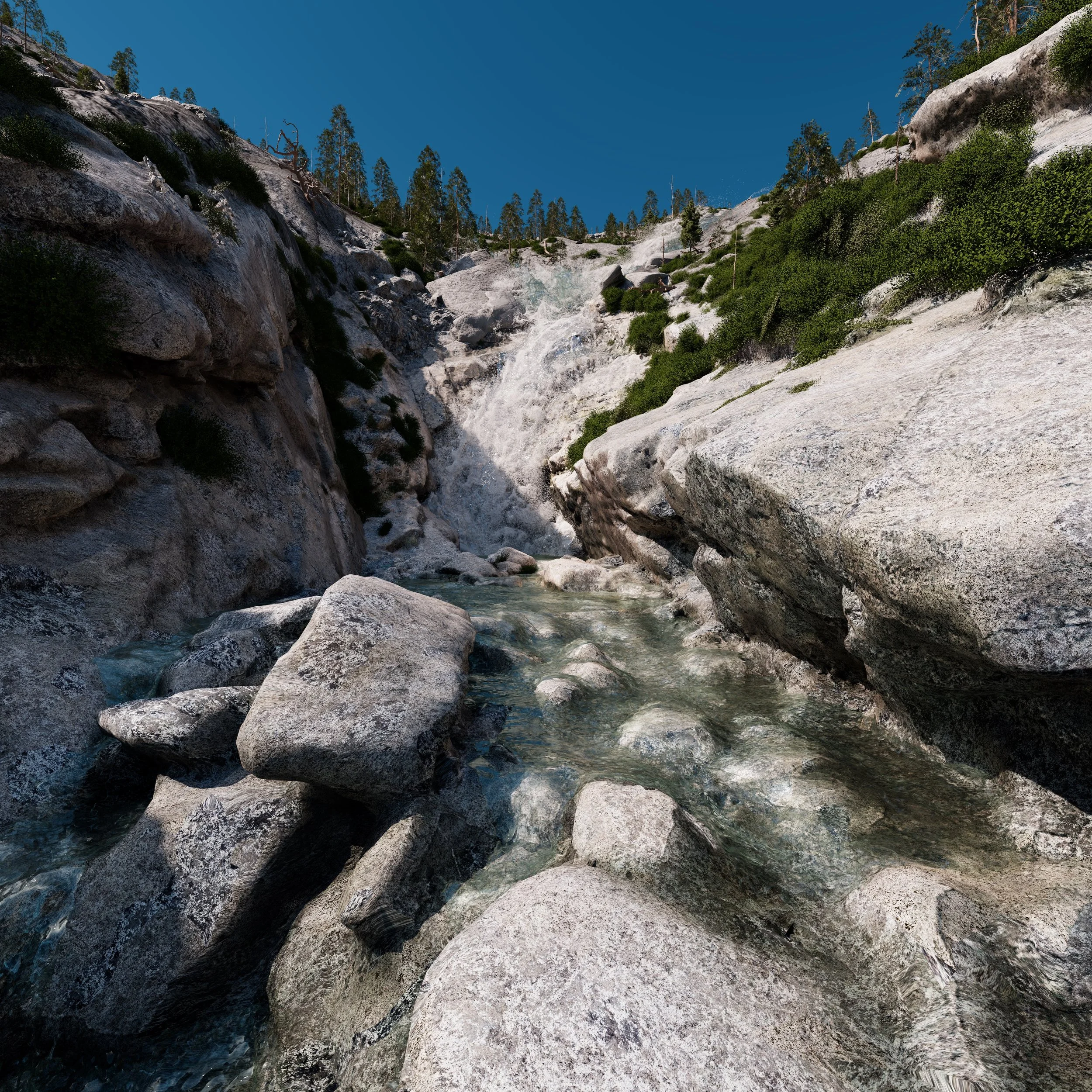 Computer generated images of Horsetail Falls in the Sierra Nevada mountains near Lake Tahoe. | California Academy of Sciences / USGS National Map / USDA National Agricultural Imaging Program