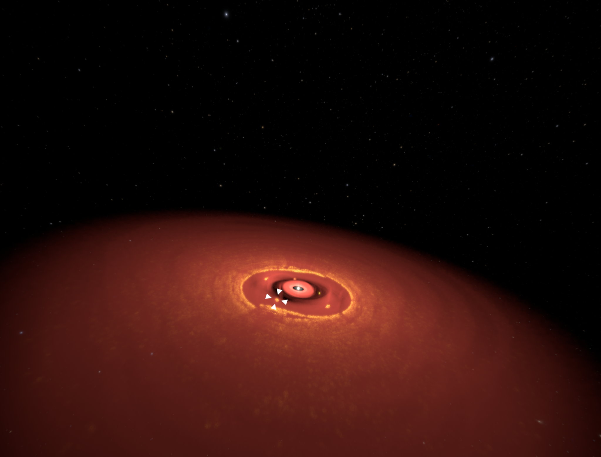 A computer simulation of the planetary disk PDS 70 reveals a gap where planets are taking
shape, including one giant planet that appears to be forming moons of its own. | Z. Zhu (UNLV) / California Academy of Sciences