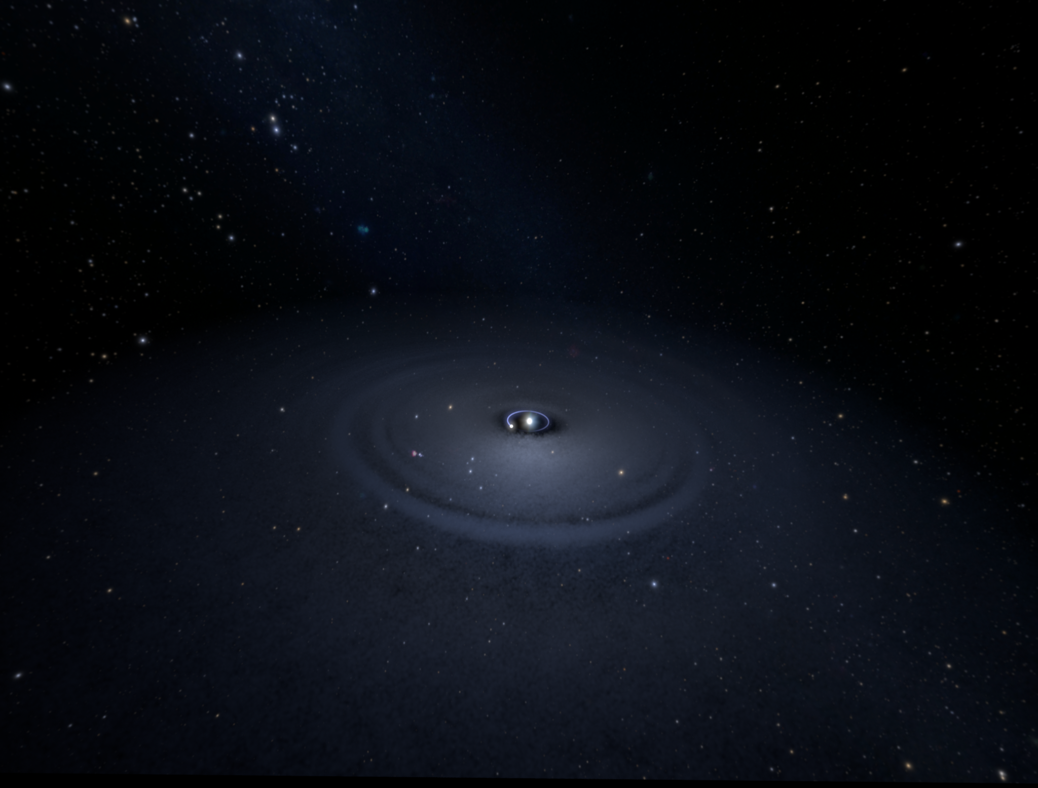 A computer simulation of the Beta Pictoris system shows a diffuse dust disk that has been
warped by the gravitational influence of a giant planet (orbit in blue) close to the parent star. | E. Nesvold (Universe Sandbox) / M. Kuchner (NASA GSFC) / Cal