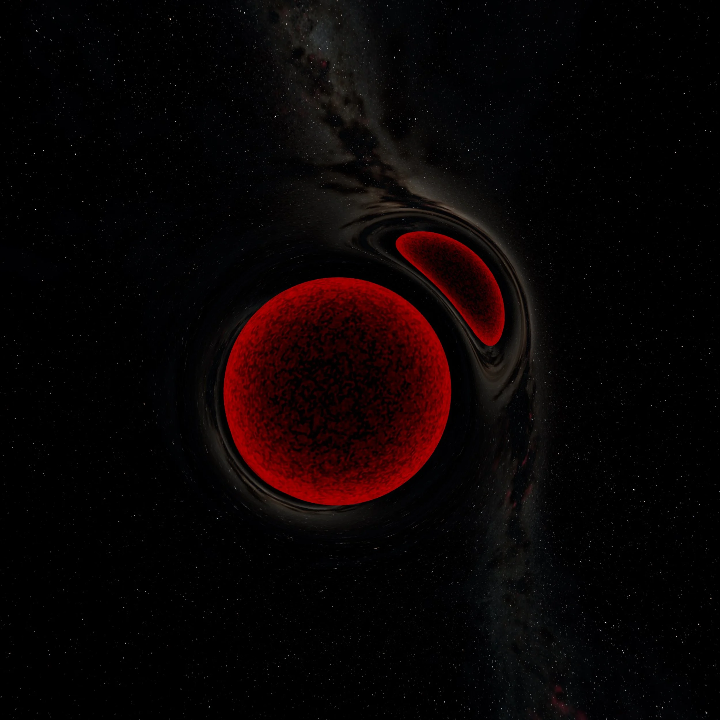 Exploded stellar giants leave behind their ultradense cores—so-called “neutron stars,” so compact that they bend light around them, similar to black holes. This science-driven artist’s interpretation shows two neutron stars that have cooled off and e
