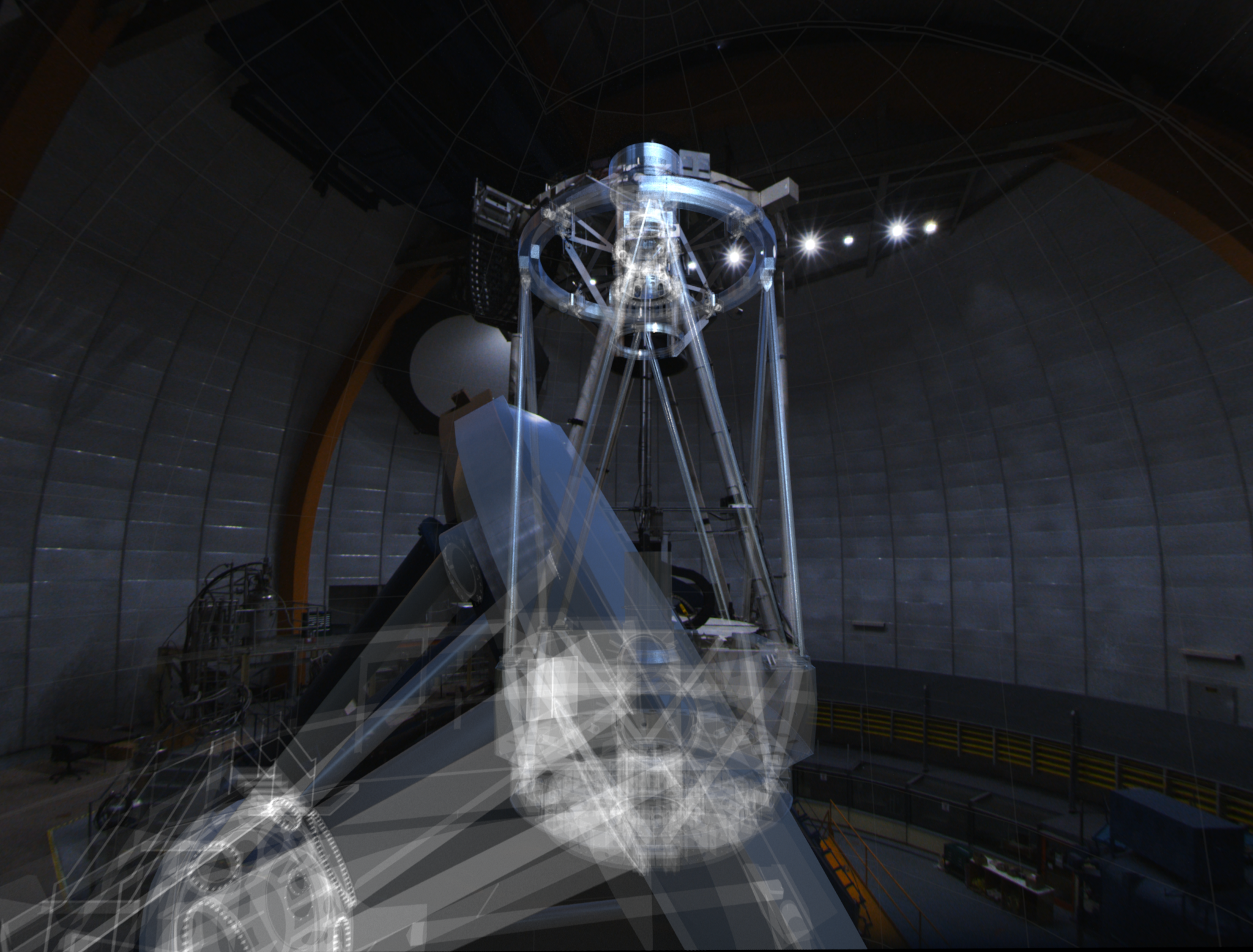 The Victor M. Blanco Telescope at the Cerro Tololo Inter-American Observatory (CTIO) features a four-meter primary mirror (at bottom) the reflects light into the Dark Energy Camera (mounted at top). | California Academy of Sciences