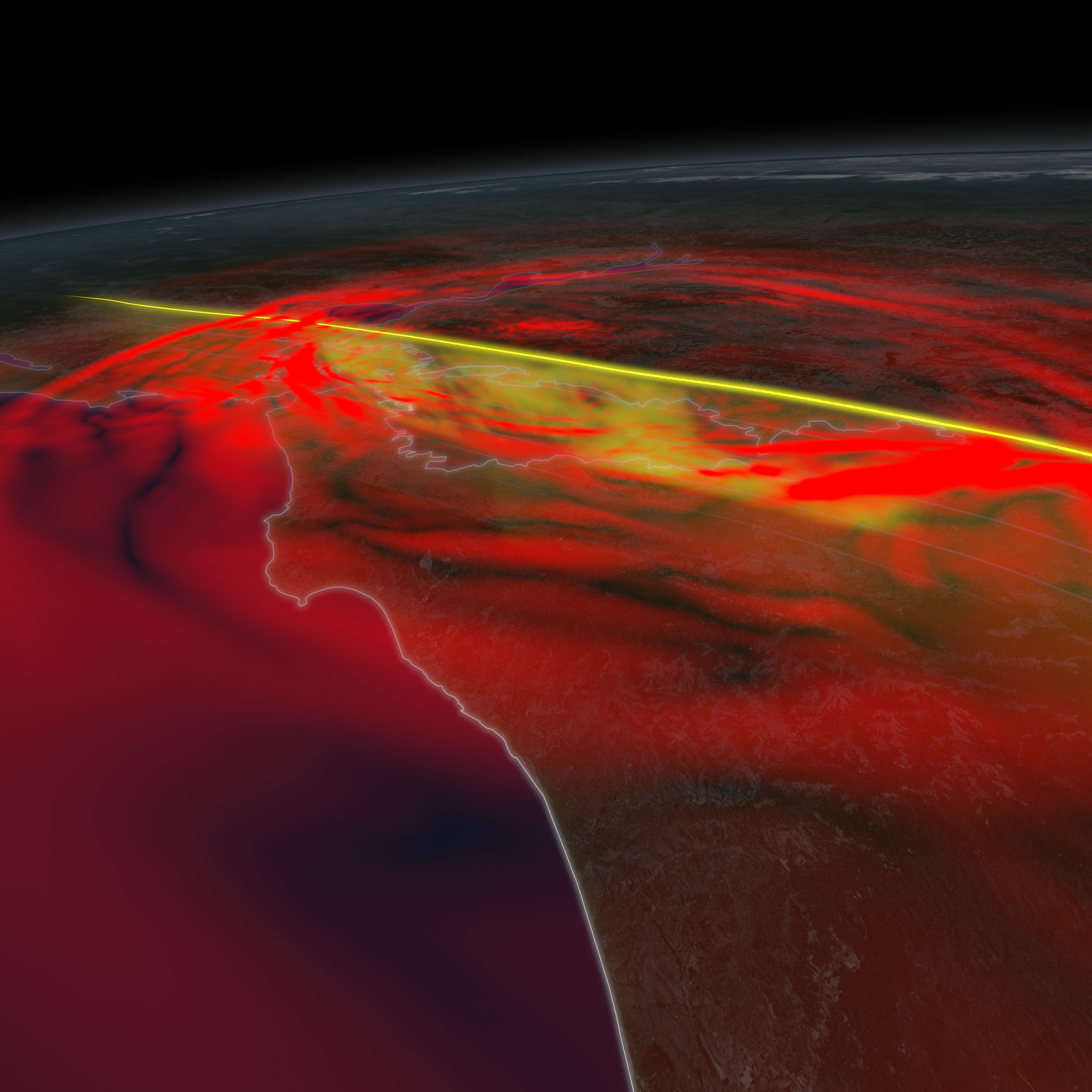 Simulation of a possible rupture scenario
along the Hayward Fault. | California Academy of Sciences, Data courtesy of
Lawrence Livermore National Laboratory