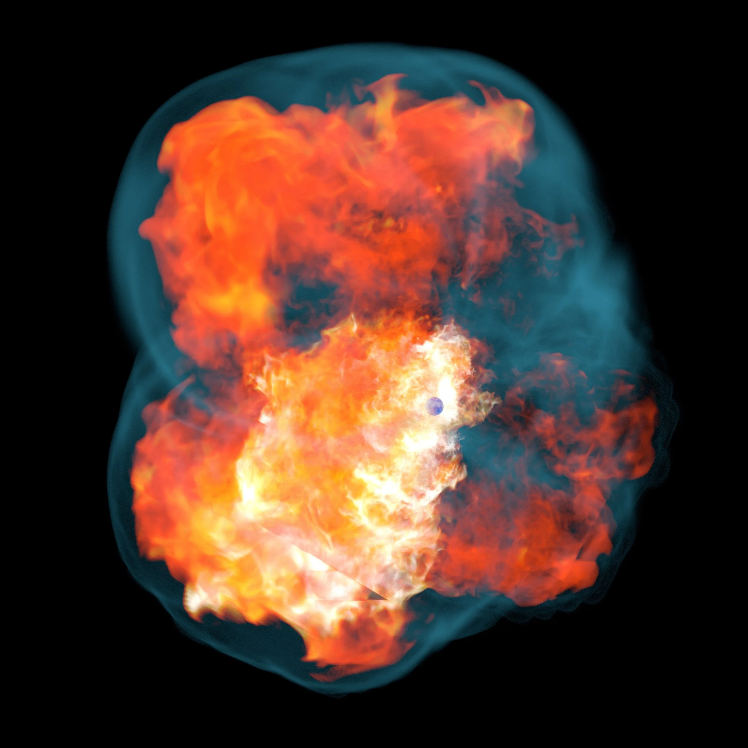 In the final seconds before a supermassive star explodes, its central core collapses, creating a chaotic superheated region just above. In this image, more disordered (higher entropy) regions appear brighter, revealing the turbulent region that will 