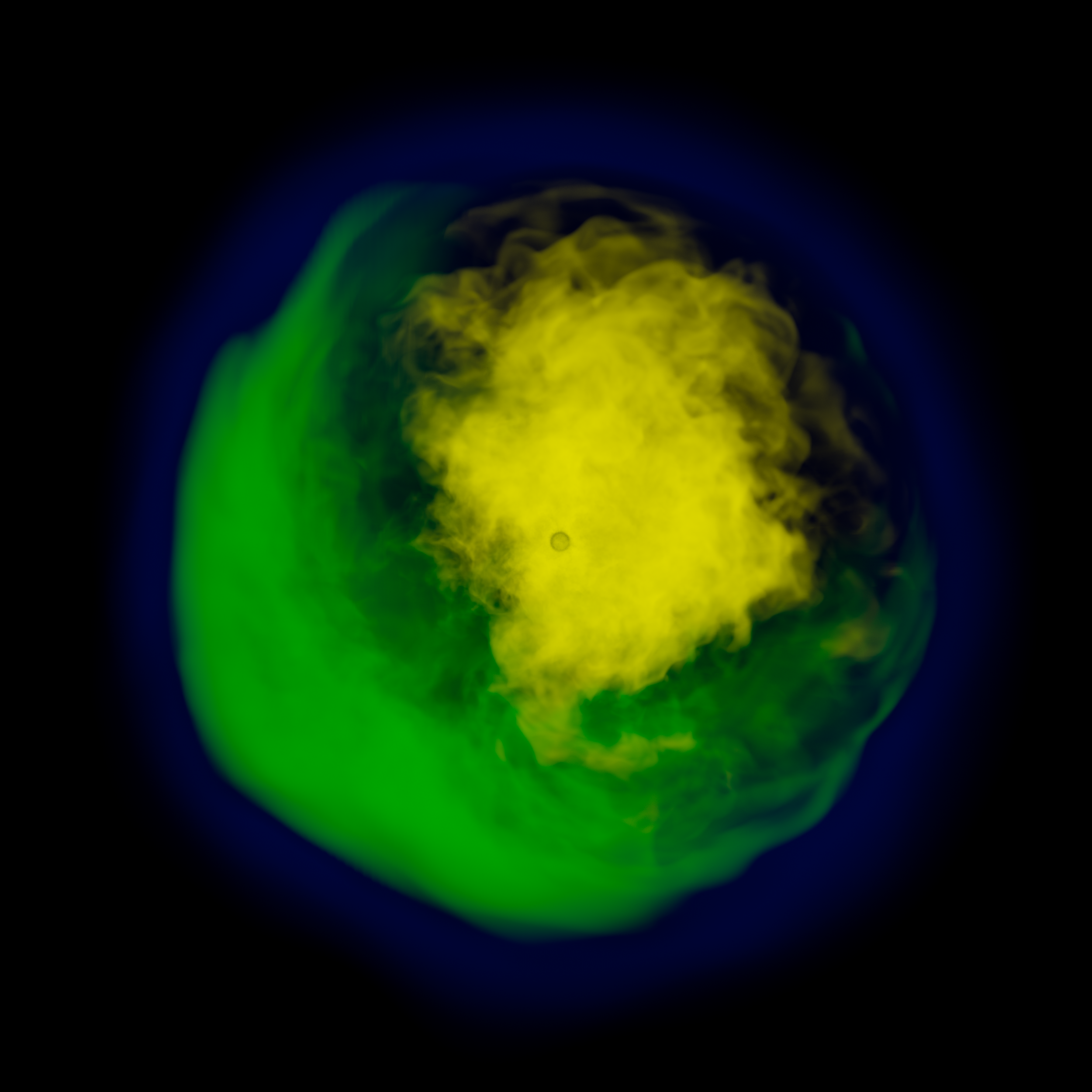 The center of a supermassive star about to go supernova is a chaotic place! This image shows a computer simulation of the shell burning process near the core of a red supergiant, color-coded by the elements present: carbon appears in deep blue, oxyge