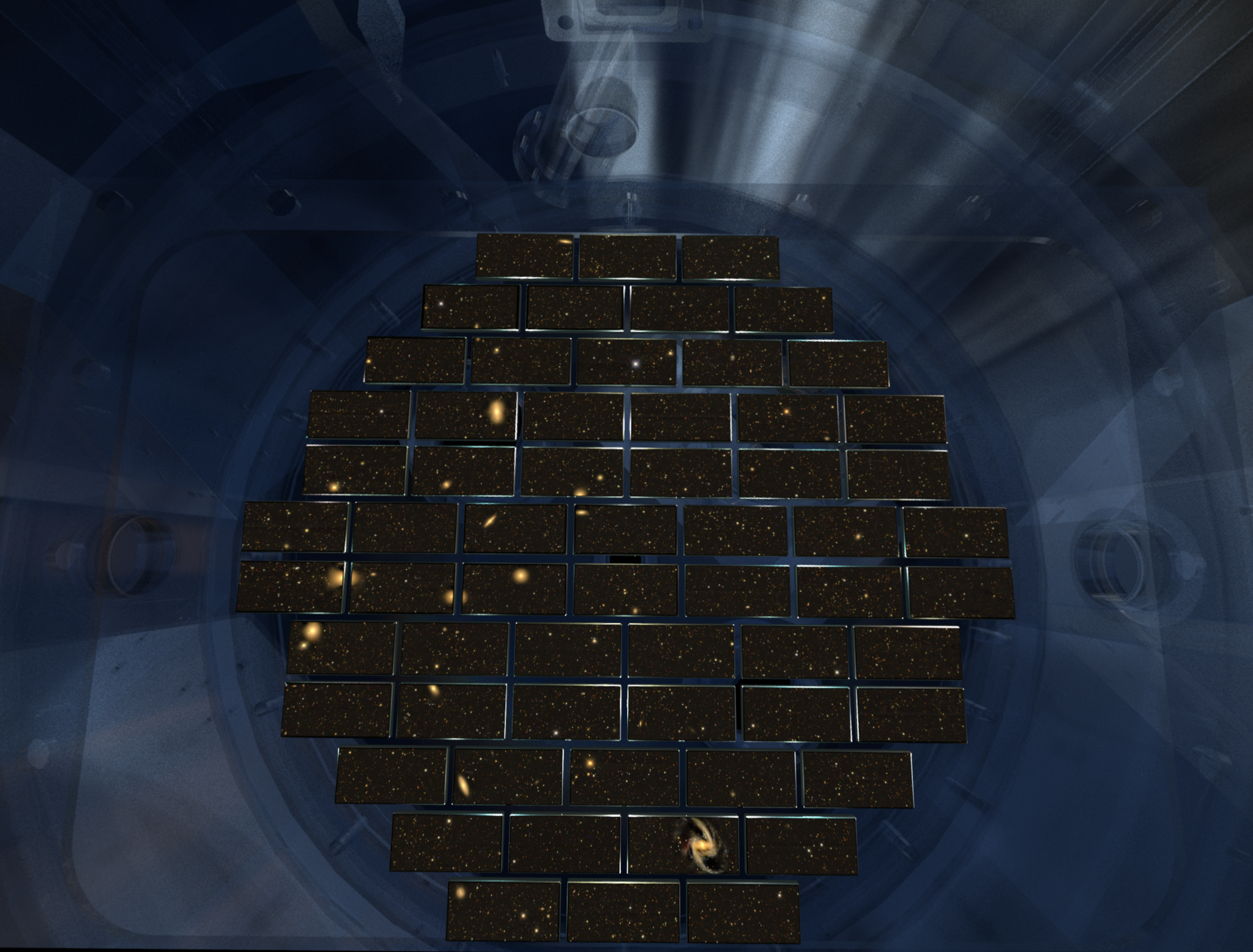 An array of 62 CCDs makes up the imaging element of the Dark Energy Camera mounted on the Victor M. Blanco Telescope at the Cerro Tololo Interamerican Observatory (CTIO). | DES Collaboration / California Academy of Sciences