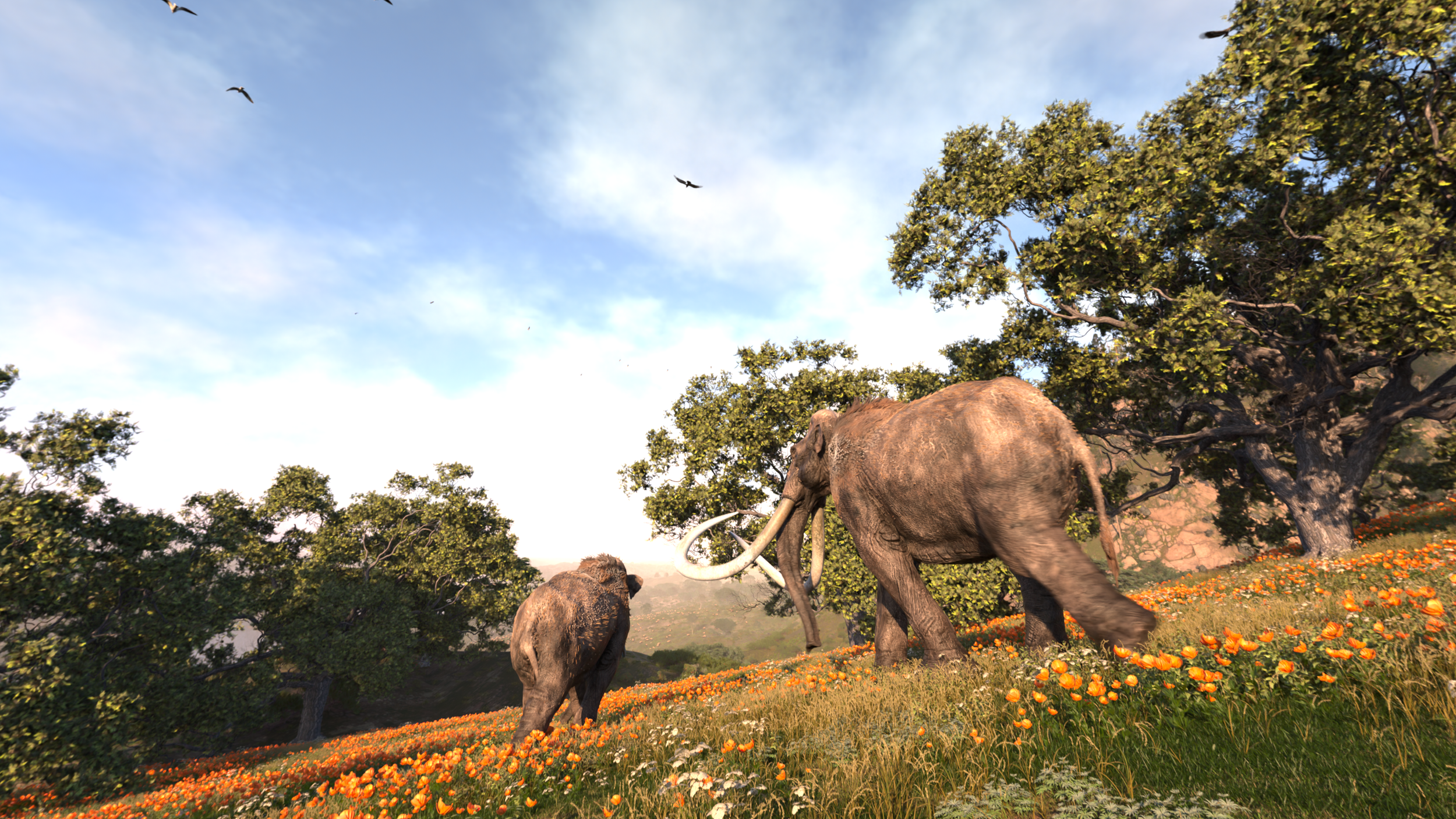 Columbian mammoths walk through a field 13,000 years ago in a place that will eventually be known as California. | California Academy of Sciences