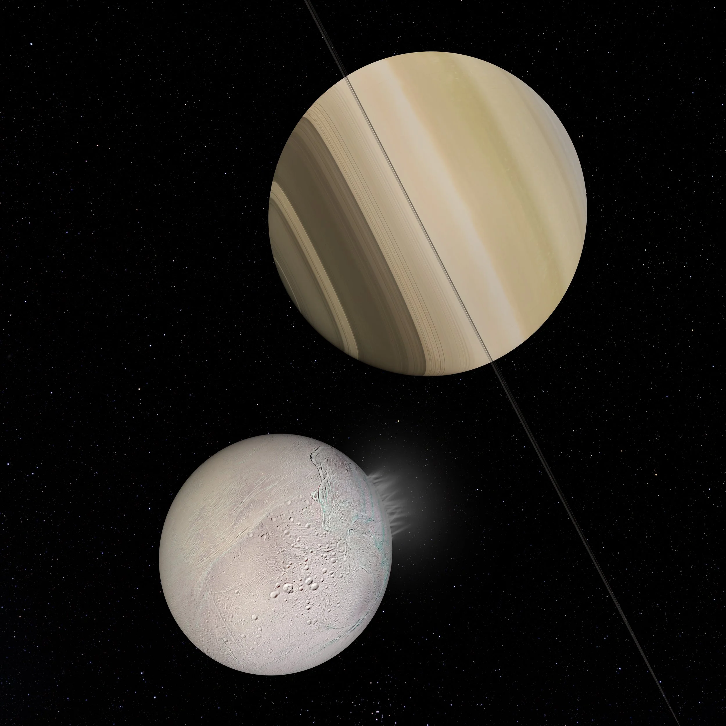 In this view of Saturn’s moon Enceladus, you can easily spot the geysers erupting from around its south pole. When the Cassini spacecraft passed through these jets, it detected organic compounds that suggest that the building blocks of life exist in 