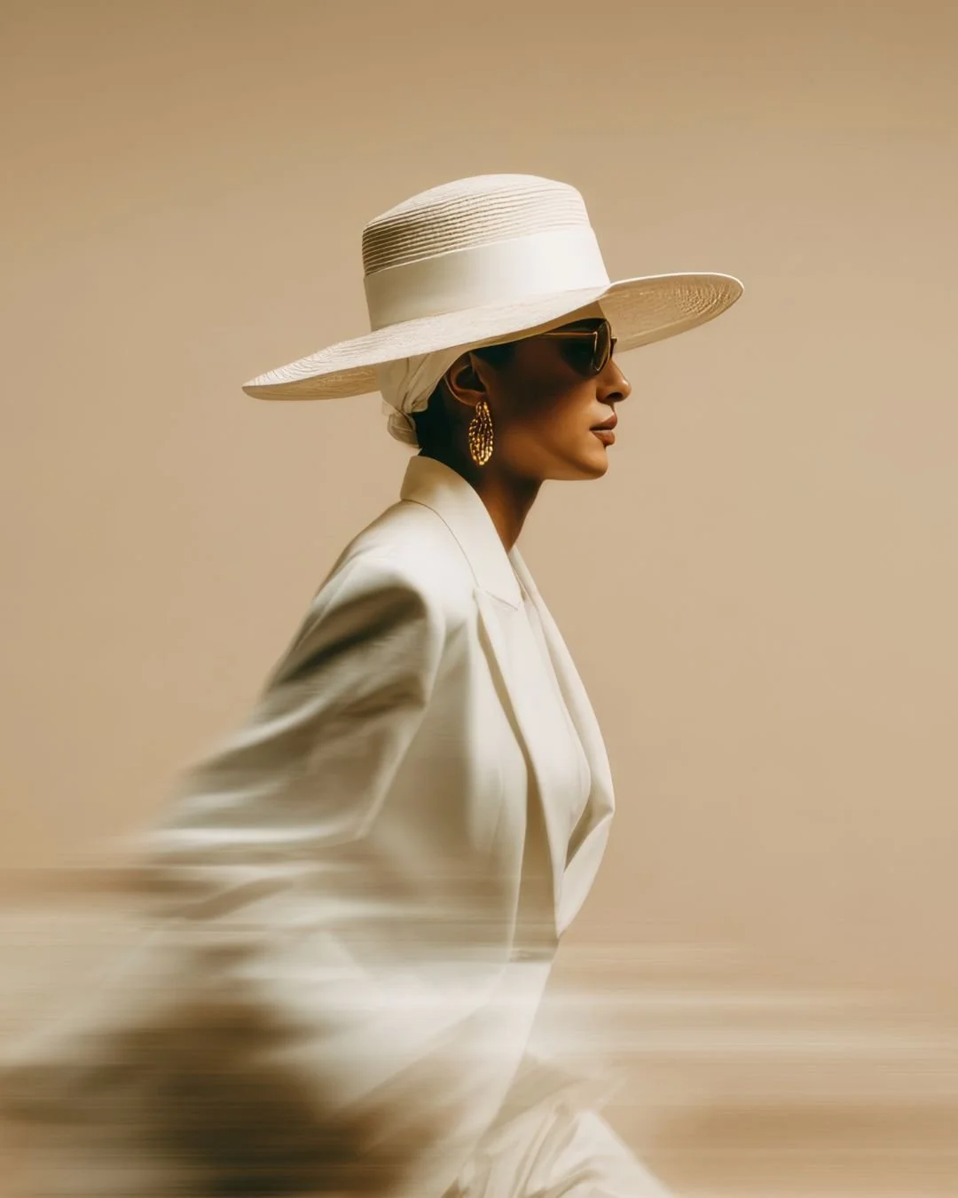 A woman wearing a large white hat, sunglasses, gold earrings, and a white suit, walking against a beige background.