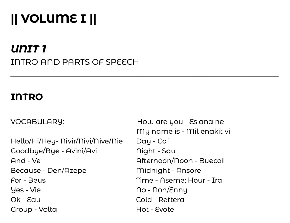 Page from a language learning book titled "Volume I, Unit 1" with vocabulary list including greetings, days, time, and basic phrases in English with translations in another language.