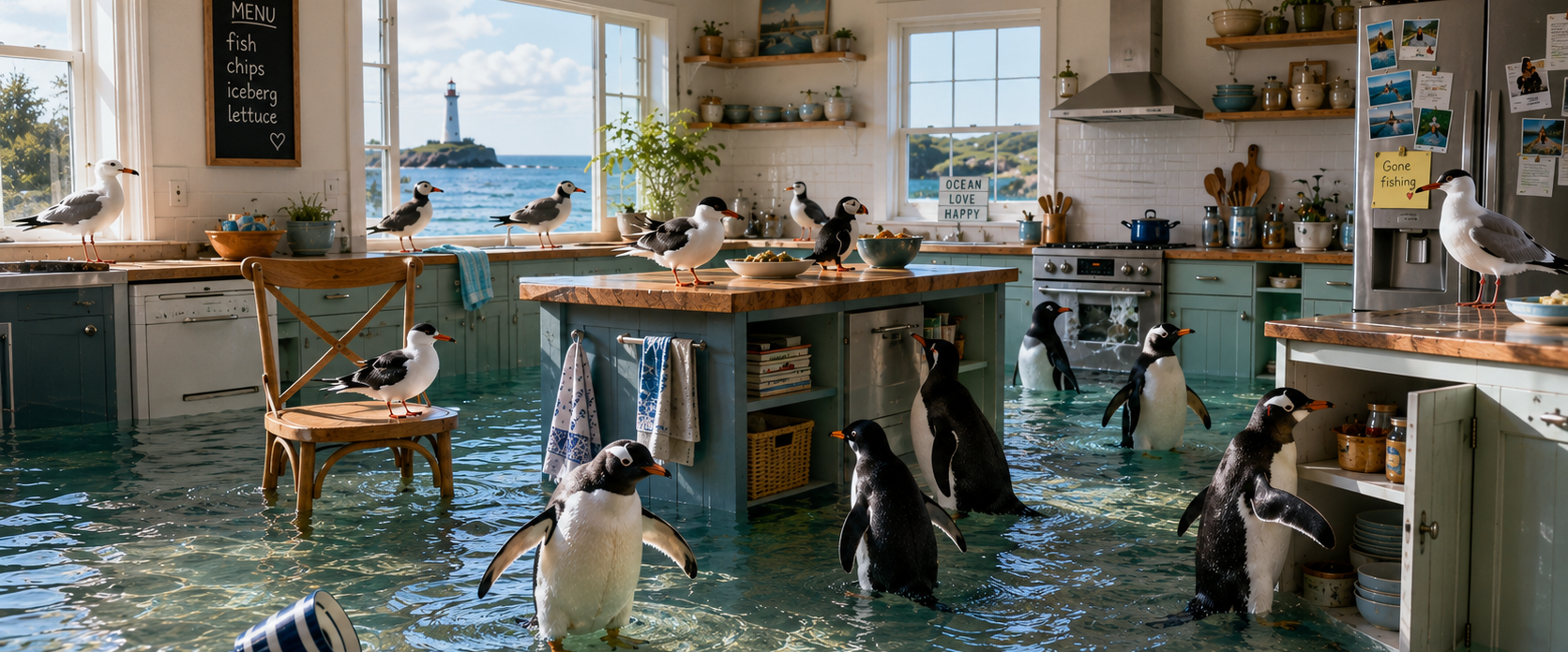 A flooded kitchen with water covering the floor, where numerous penguins and seagulls are standing and swimming. The kitchen has a window with a view of the sea and lighthouse outside, with dishes and kitchen items on shelves and counters.