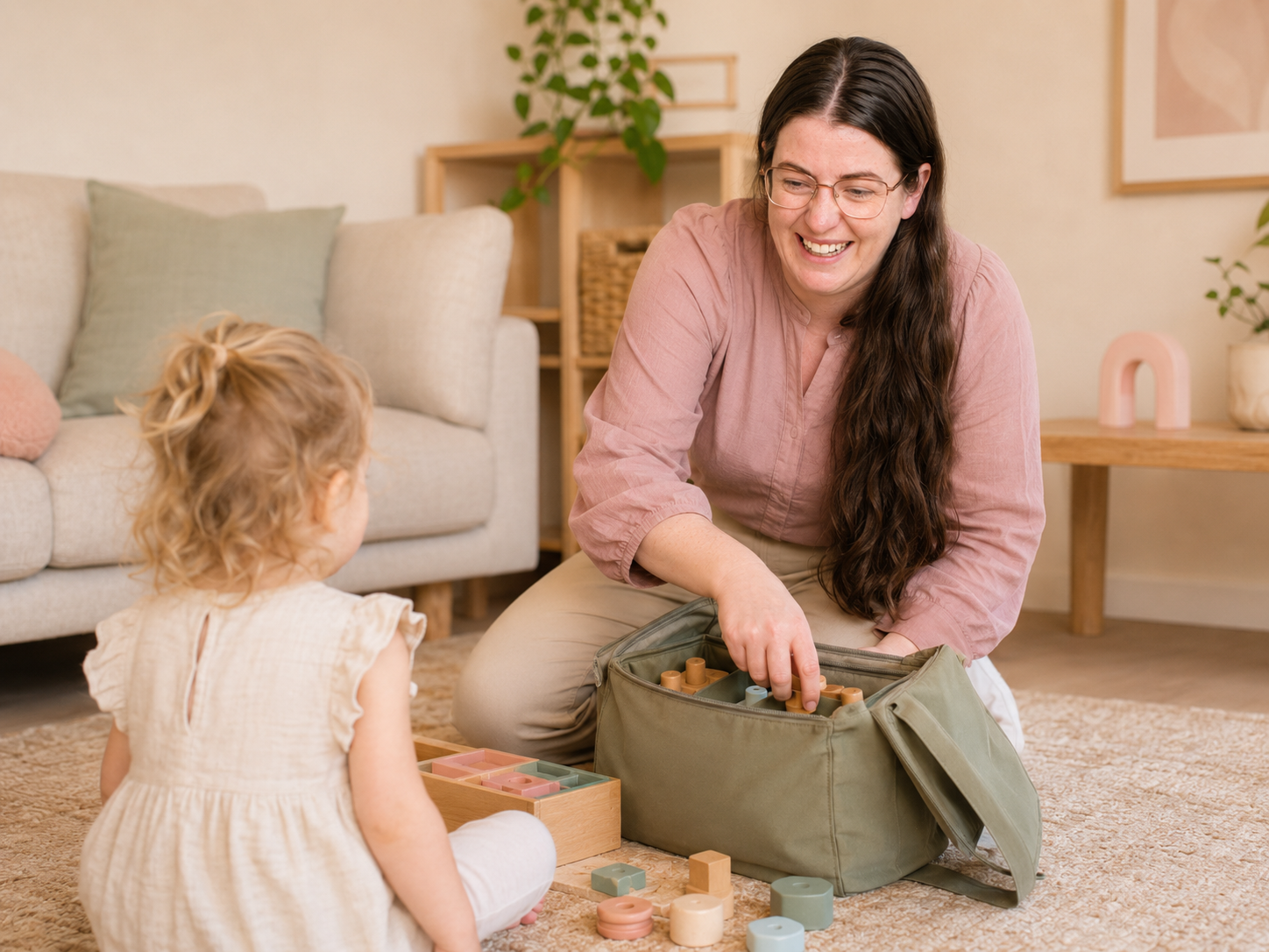 Paediatric occupational therapist engaging with a young child through play-based therapy