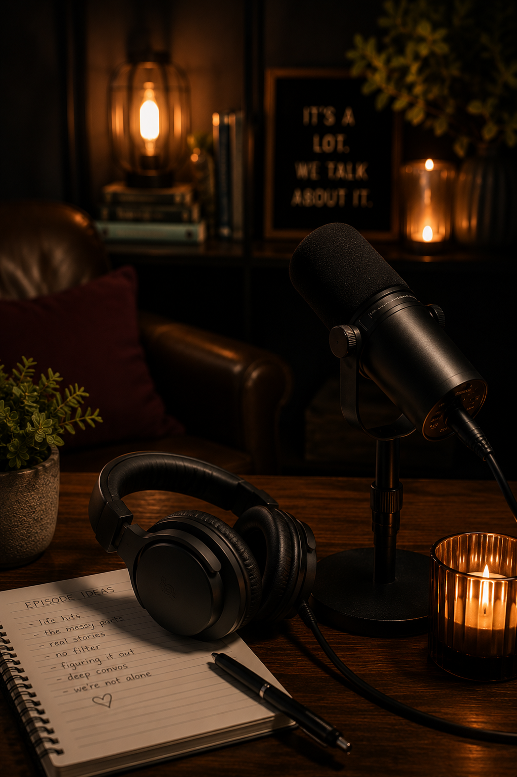 A podcast recording setup featuring a microphone, headphones, a notebook with episode ideas, a pen, a lit candle, and a potted plant, in a warmly lit room with decorative lights and a sign in the background that reads 'IT'S A LOT. WE TALK ABOUT IT.'