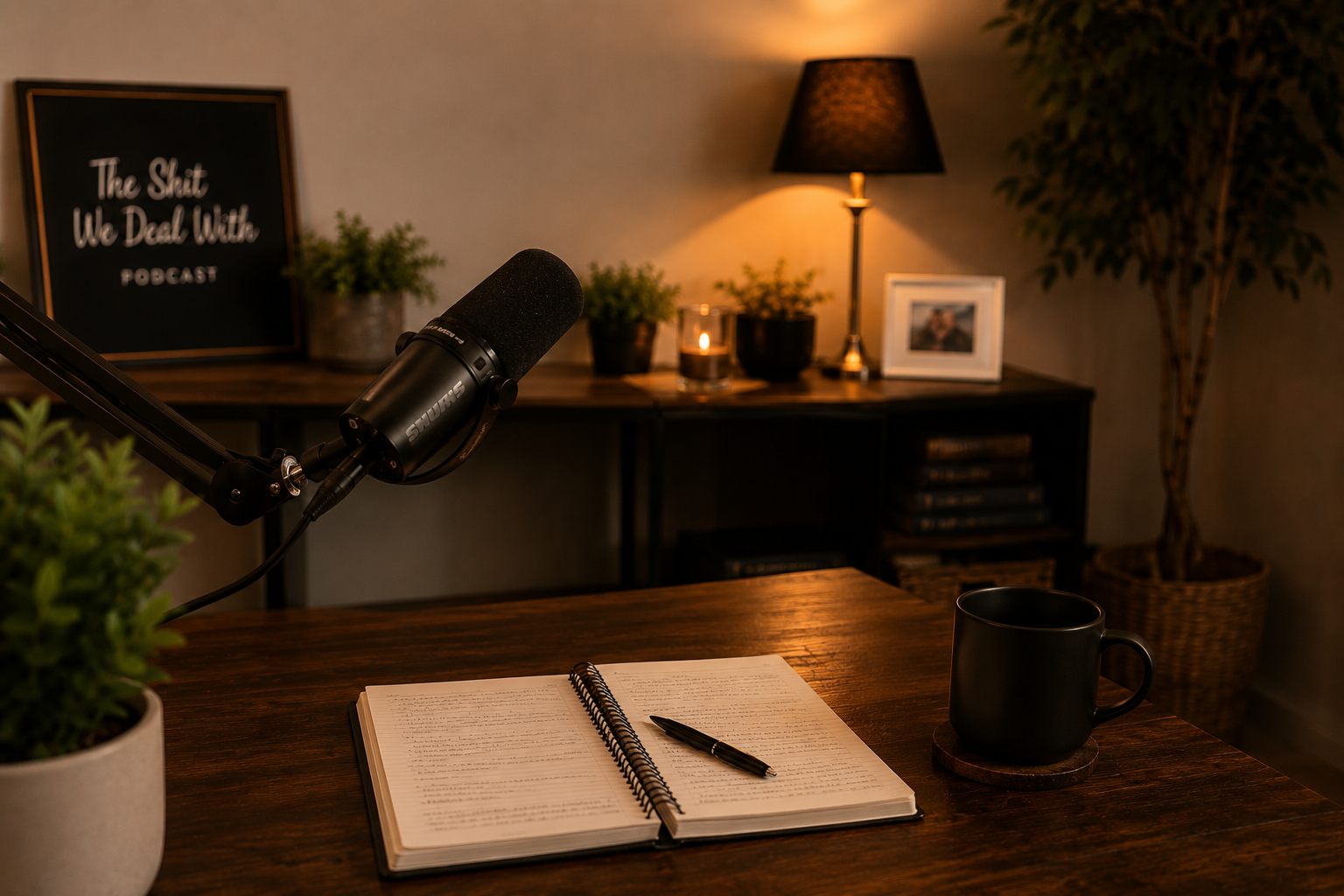 A cozy home office setup with a wooden desk, an open notebook with handwritten notes and a black pen, a black coffee mug on a coaster, a microphone on a stand, a potted plant, a framed photo, a lit candle, a lamp, and a sign that reads 'The Shit We Deal With Podcast' in the background.
