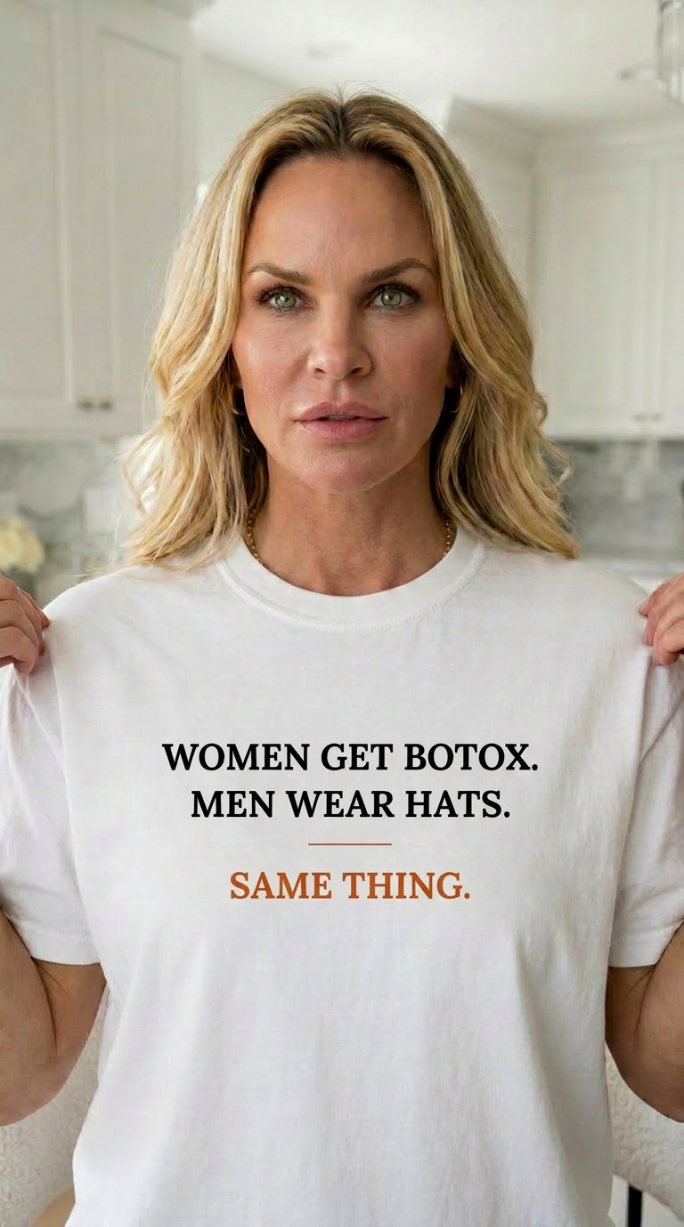 "Women Get Botox. Men Wear Hats. Same Thing." — the kind of blunt, deadpan observation that makes everyone in the room laugh because, well, obviously.