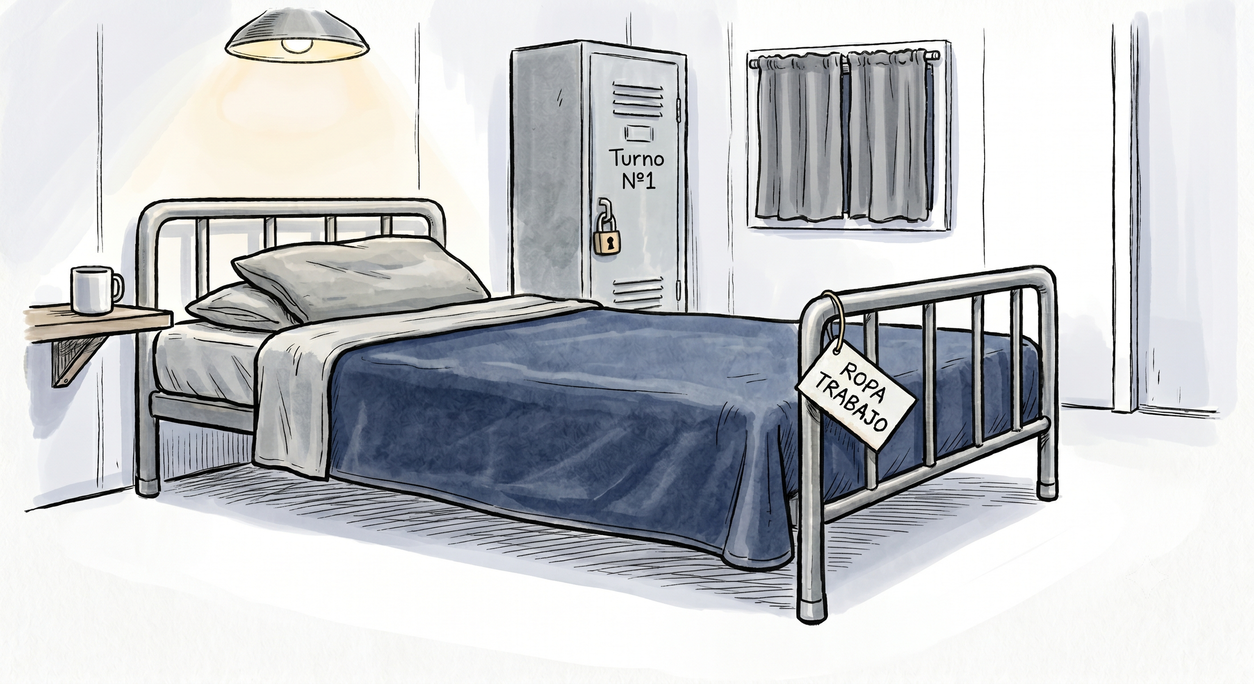 Ilustración de una habitación con una cama, una mesita con una taza, un armario y una ventana con cortinas. La cama tiene una nota que dice 'Ropa Trabajo' y el armario tiene un candado. La habitación parece ser un espacio de descanso o alojamiento temporal.