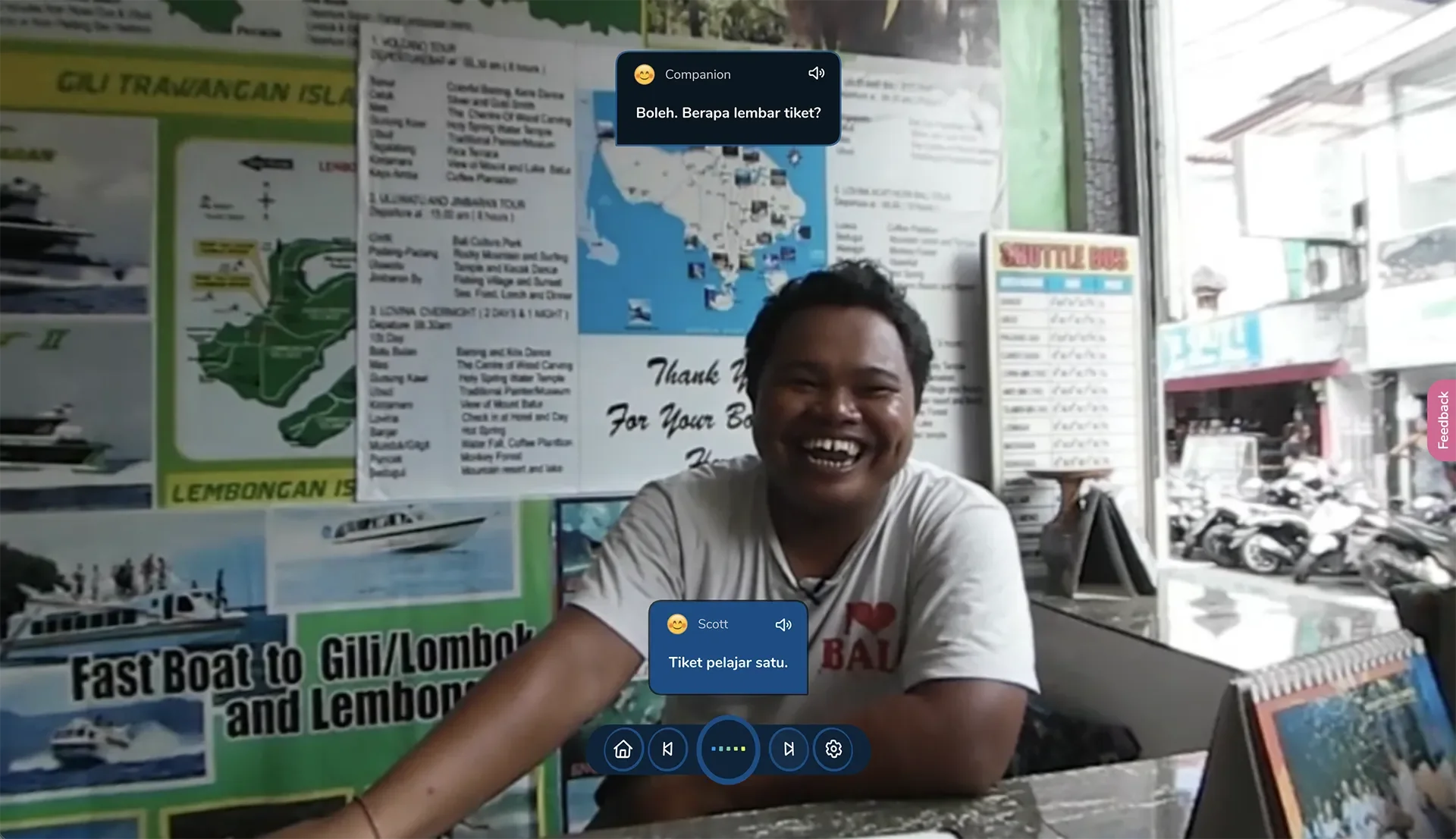 ImmerseMe Indonesian lesson in Bali where learners practise buying tickets for a local tour using Indonesian in a real travel booking scenario.