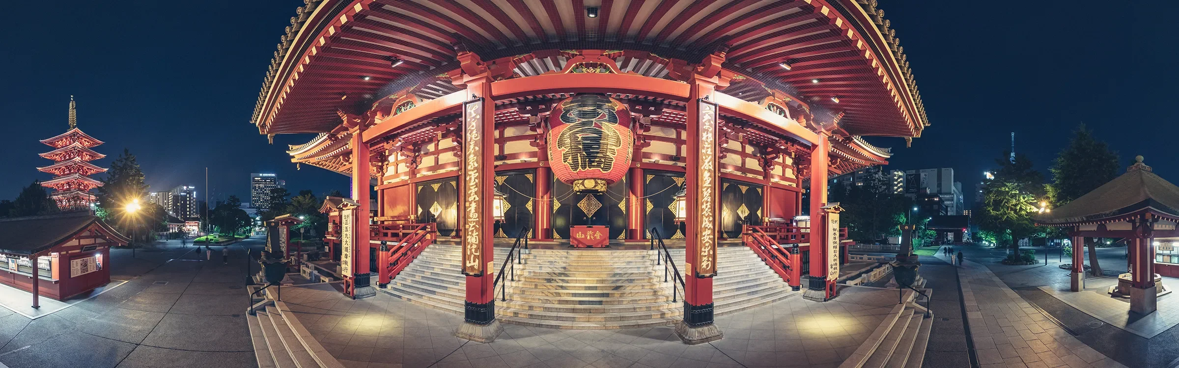 Panoramic evening view of Sensō-ji Temple in Tokyo, Japan, representing ImmerseMe's immersive Japanese language learning experiences inspired by authentic Japanese culture and real-world locations.