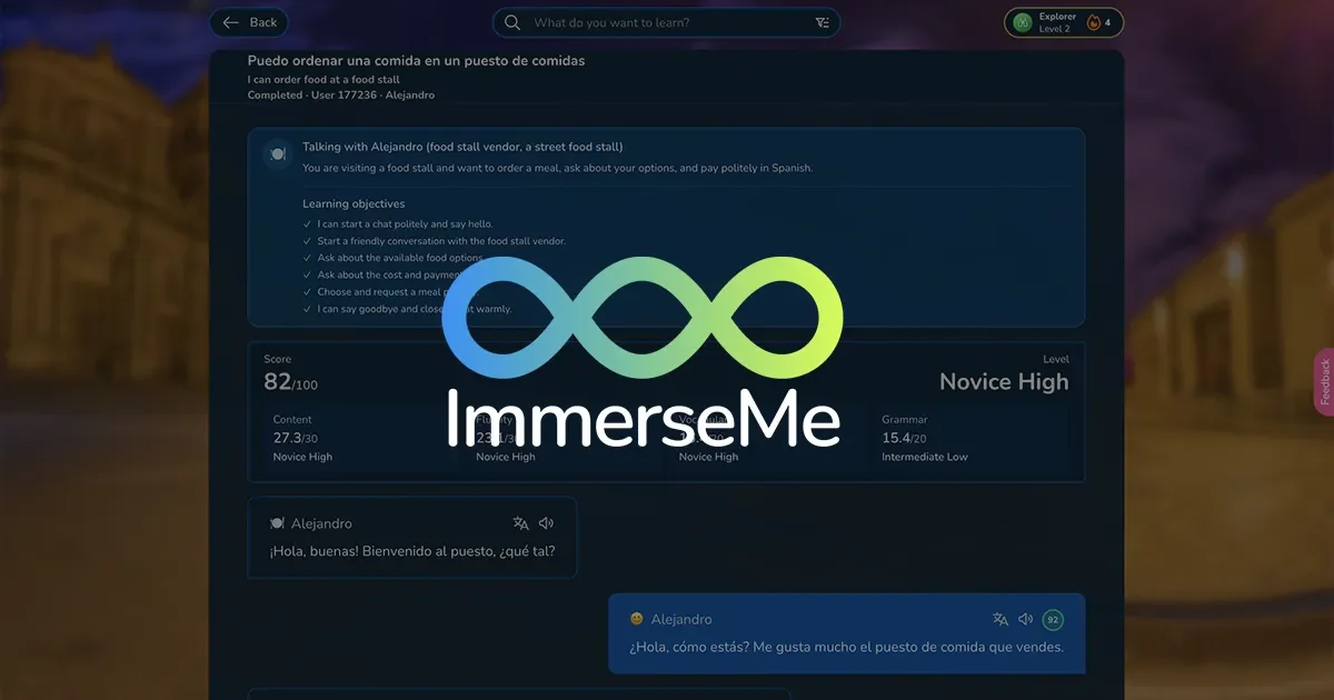 ImmerseMe Chat mode showing a Spanish conversation, learning objectives and performance scores, with the ImmerseMe logo overlaid.
