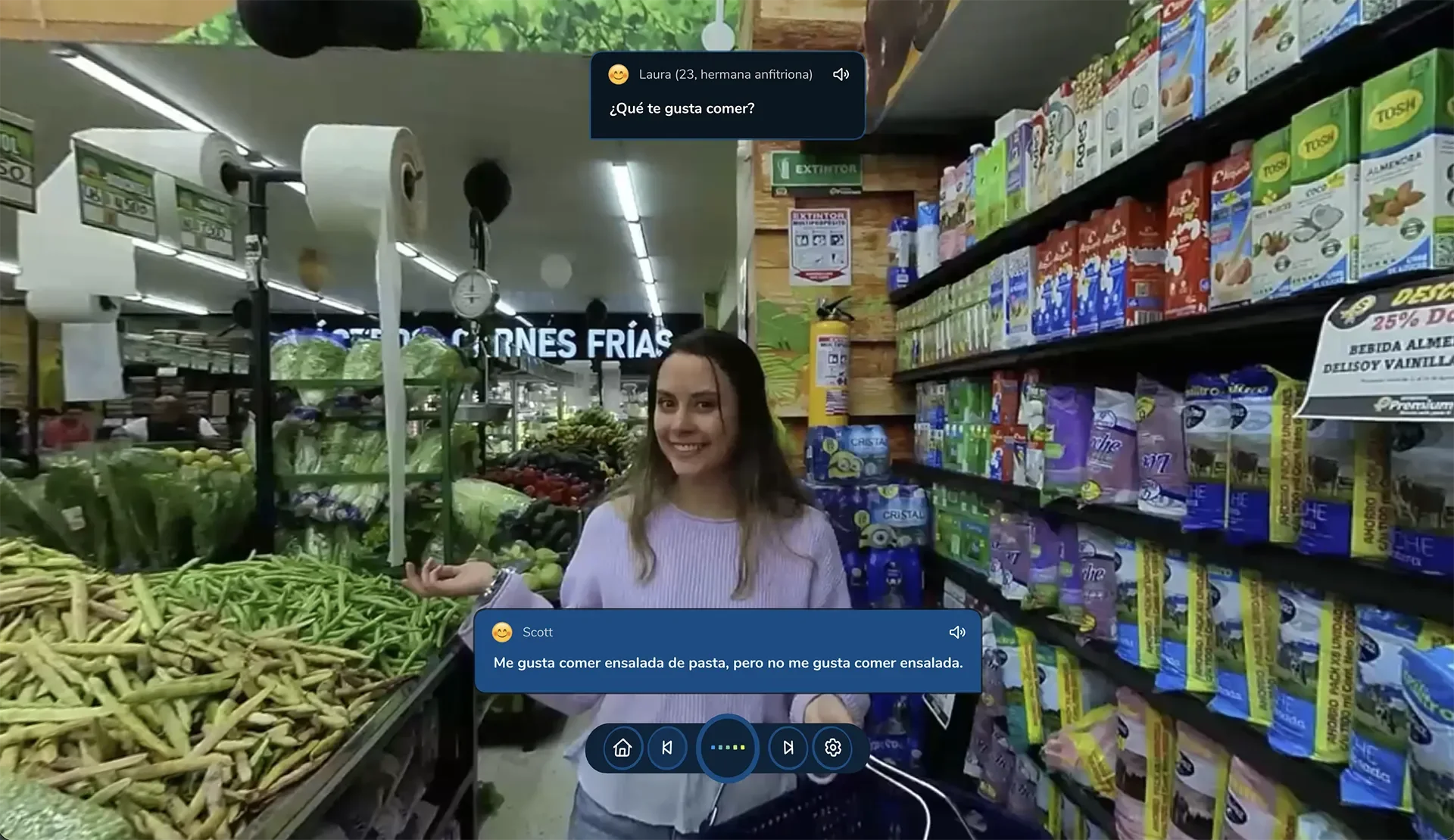 ImmerseMe Spanish lesson in a Colombian supermarket where learners practise real conversations about food and grocery shopping with a native speaker.