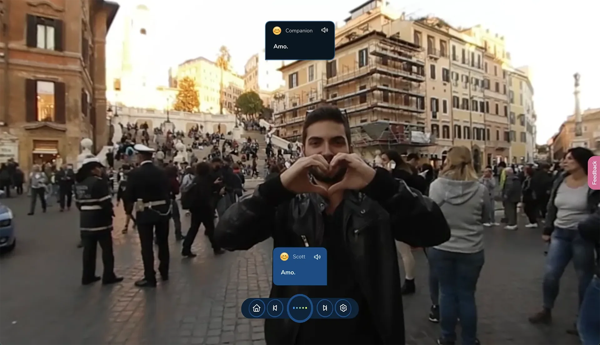 ImmerseMe Italian lesson at the Spanish Steps in Rome where the learner practises common everyday Italian phrases with a local in a real-world setting.