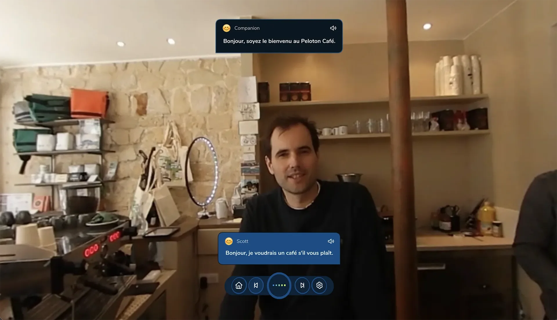 ImmerseMe French lesson in a Paris café, where learners practise ordering coffee in an authentic café conversation.