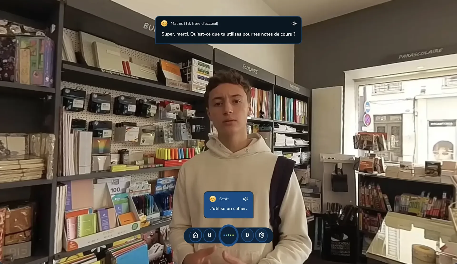 ImmerseMe French lesson in a stationery shop, where learners practise shopping for school supplies with a host brother in France.