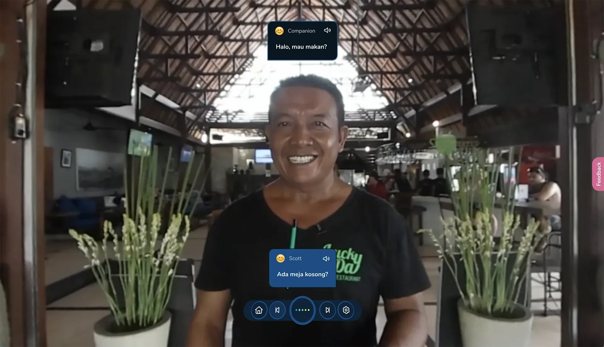ImmerseMe Indonesian lesson in a Bali restaurant where learners practise greeting staff, asking for a table, and beginning a meal in Indonesian.