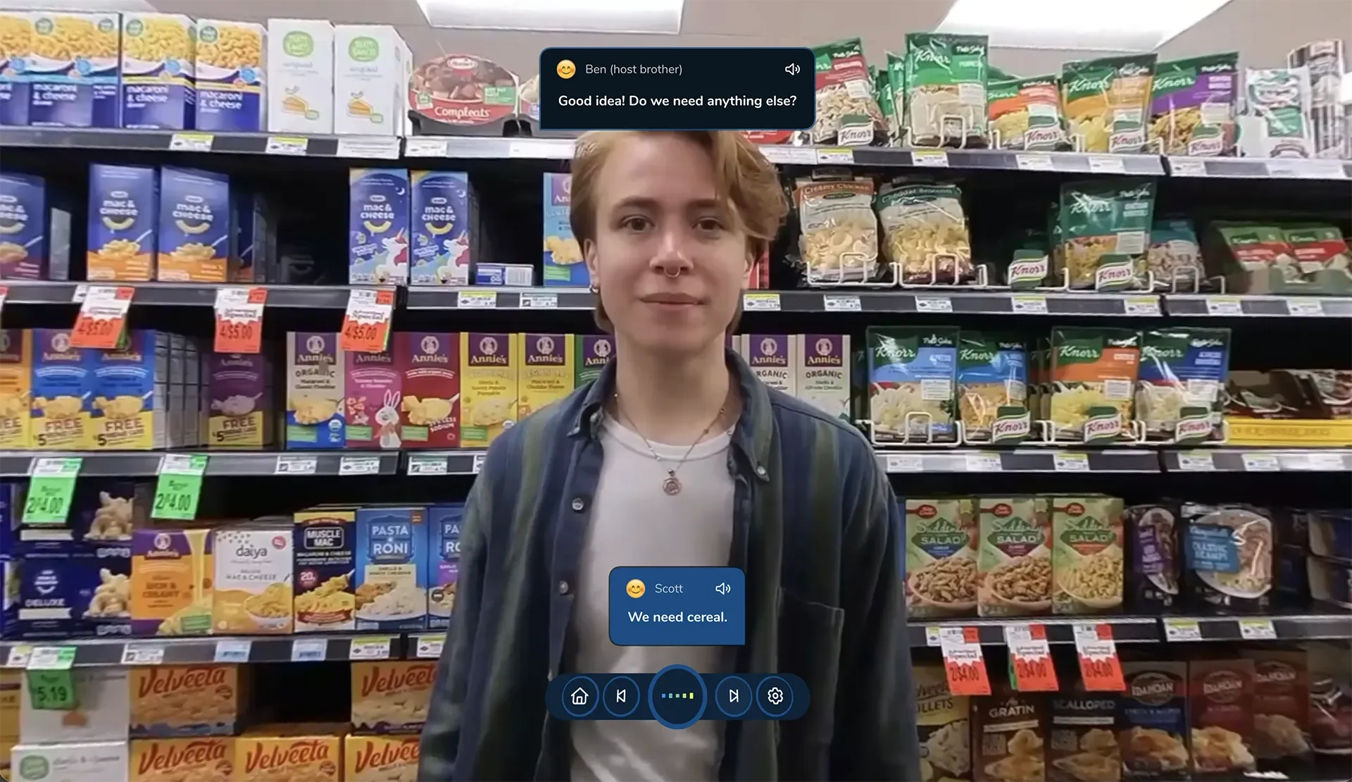 ImmerseMe English lesson in a supermarket, where learners practise shopping for groceries with a host brother using everyday English conversations.