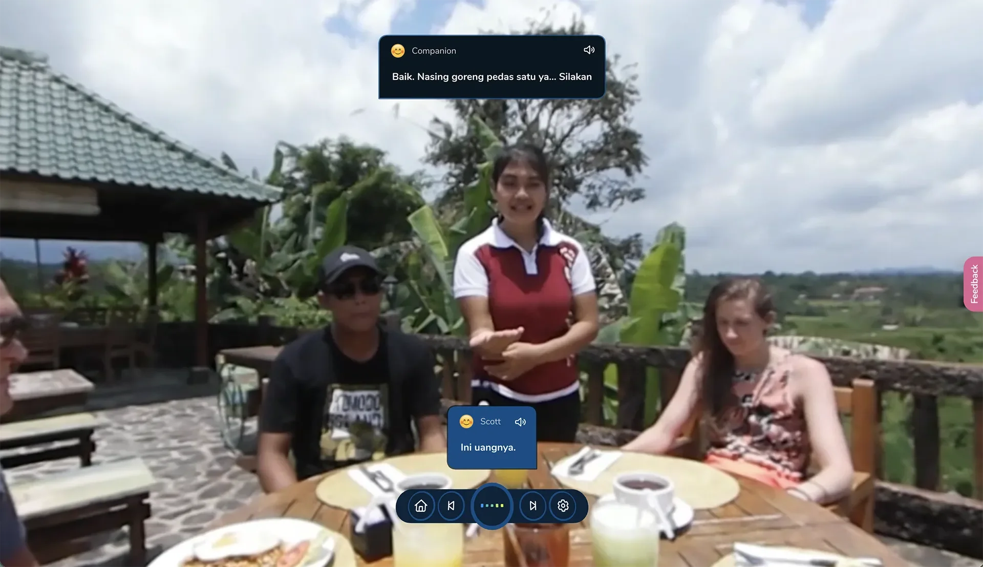 ImmerseMe Indonesian lesson at a scenic Bali restaurant where learners practise ordering food and paying the bill in a real-world conversation.