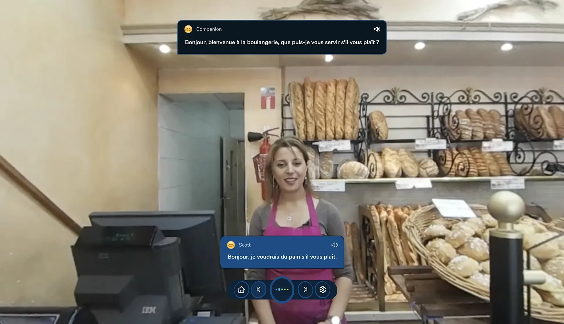 ImmerseMe French lesson in a Paris boulangerie, where learners practise ordering bread in an authentic bakery conversation.