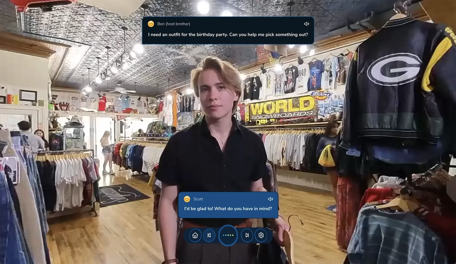 ImmerseMe English lesson in a clothing store, where learners practise shopping for clothes and asking for advice in everyday conversations.