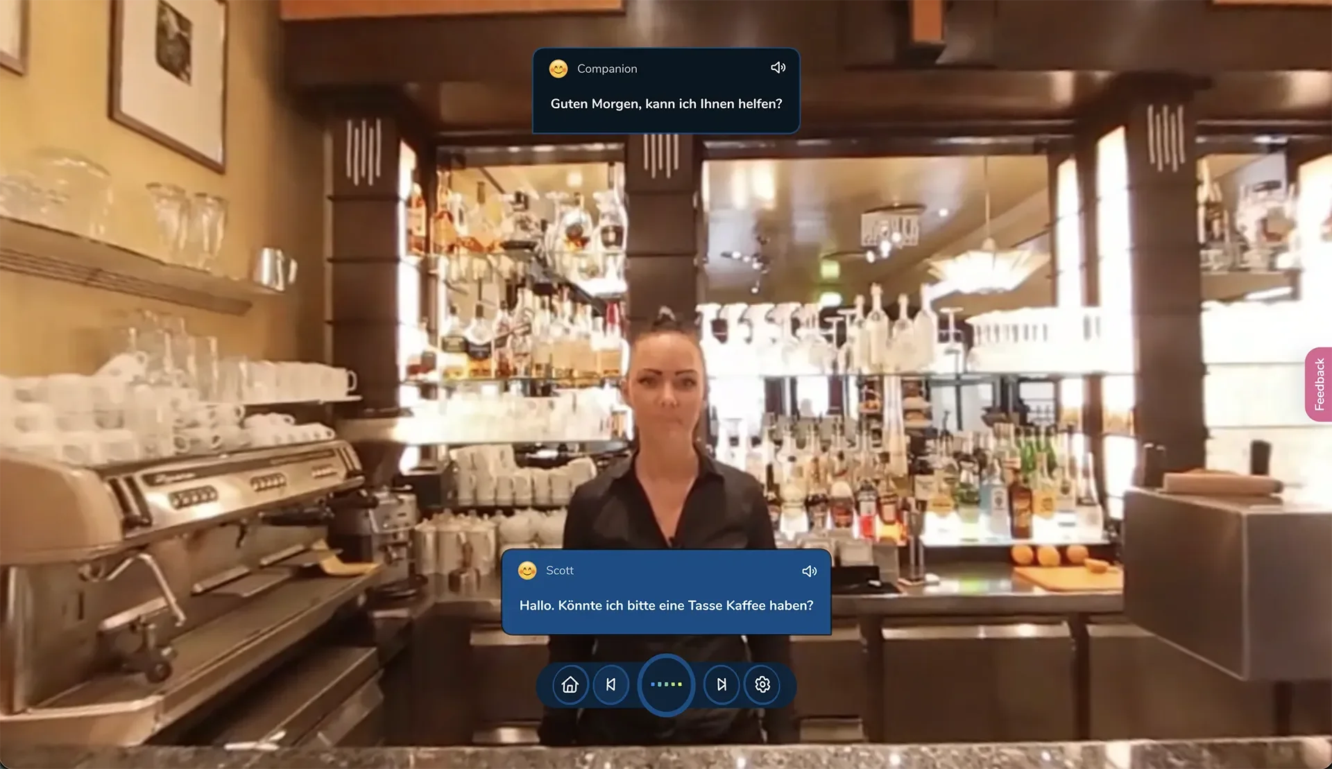 ImmerseMe German lesson in a Berlin café where the learner orders water and practises real-world conversation with a café server.