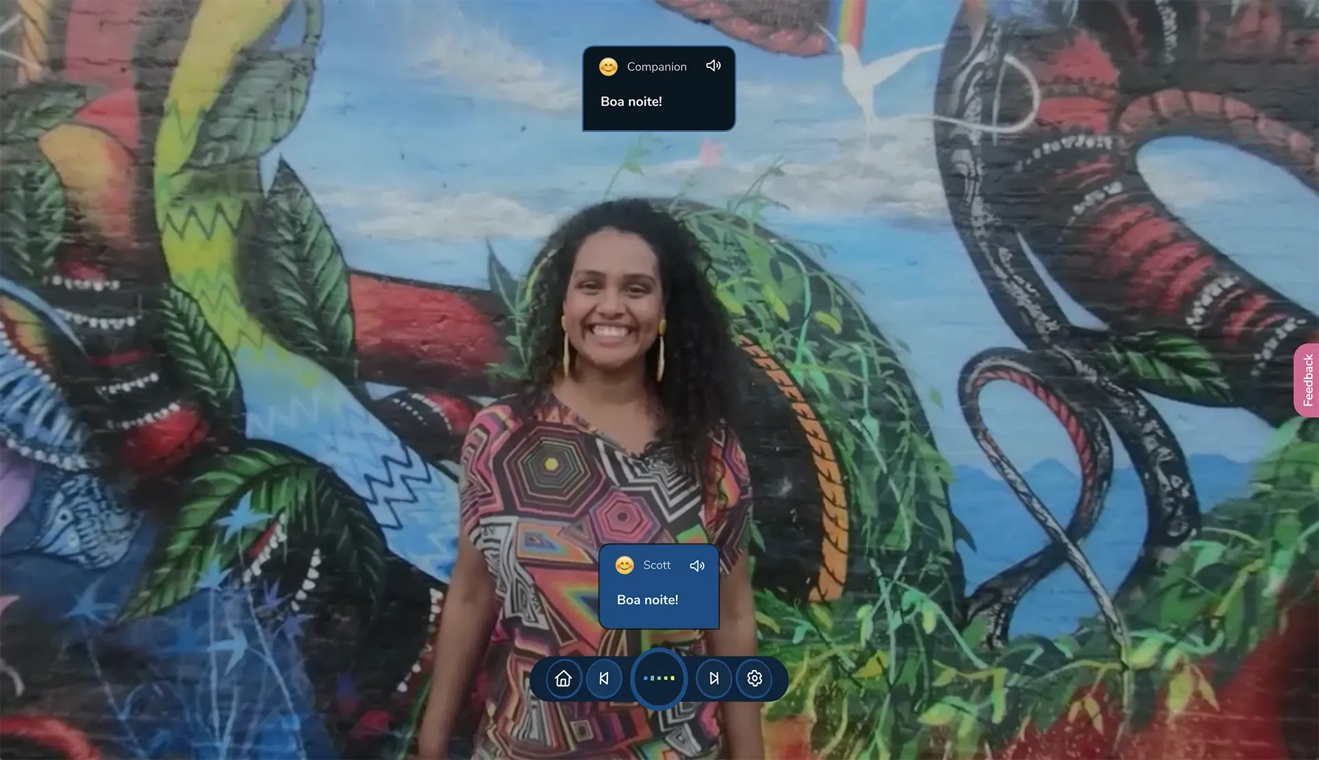 ImmerseMe Portuguese lesson in São Paulo where learners practise basic greetings and everyday introductions with a local companion in a real-world setting.