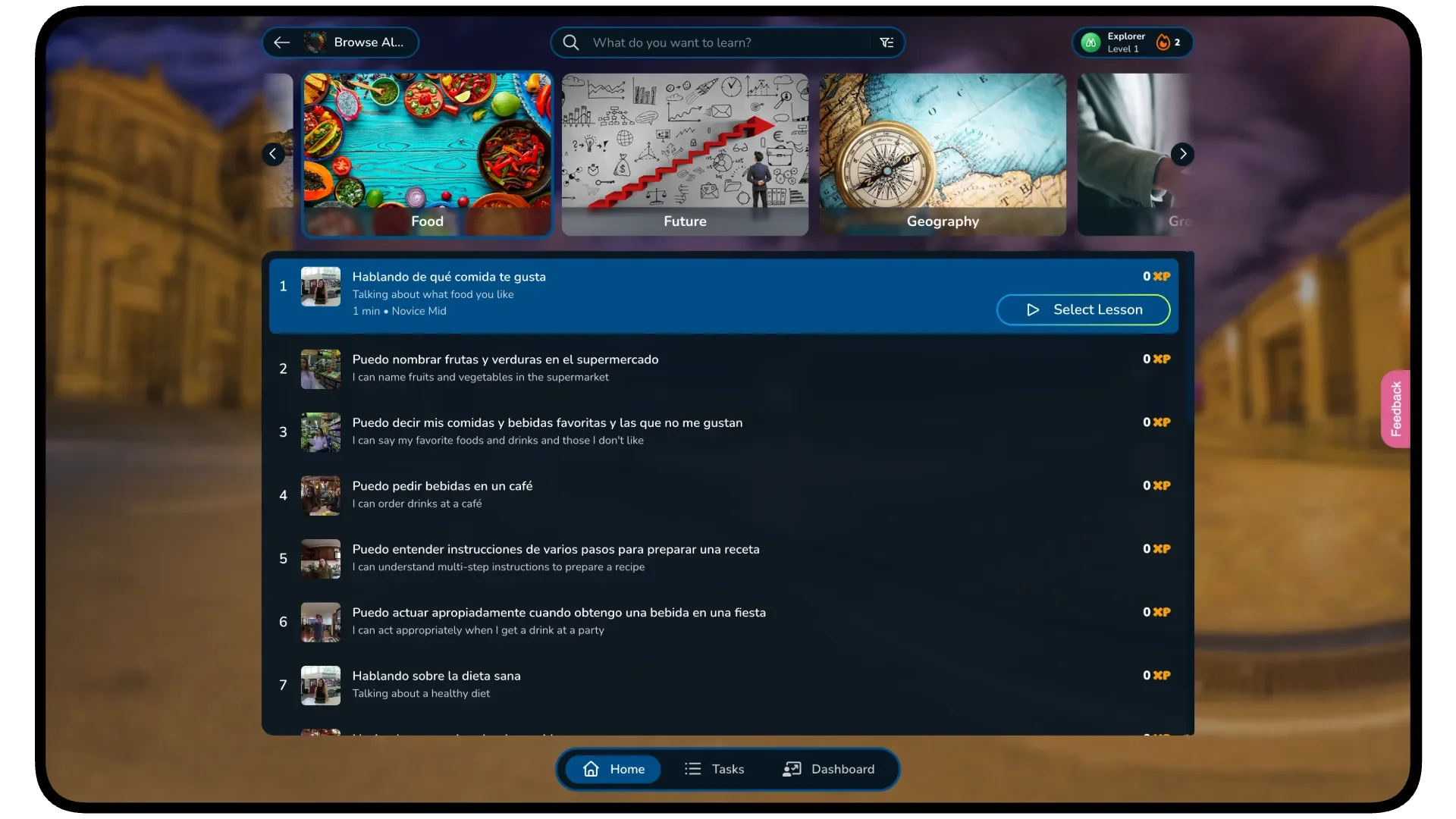 ImmerseMe 2.0 language learning platform showing Spanish lessons organised by real-world topics.