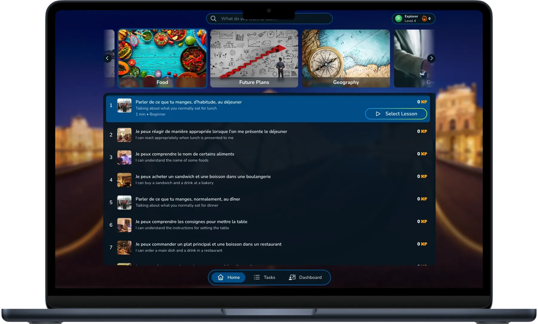ImmerseMe language learning software on a laptop with immersive speaking lessons and real-world communication activities.