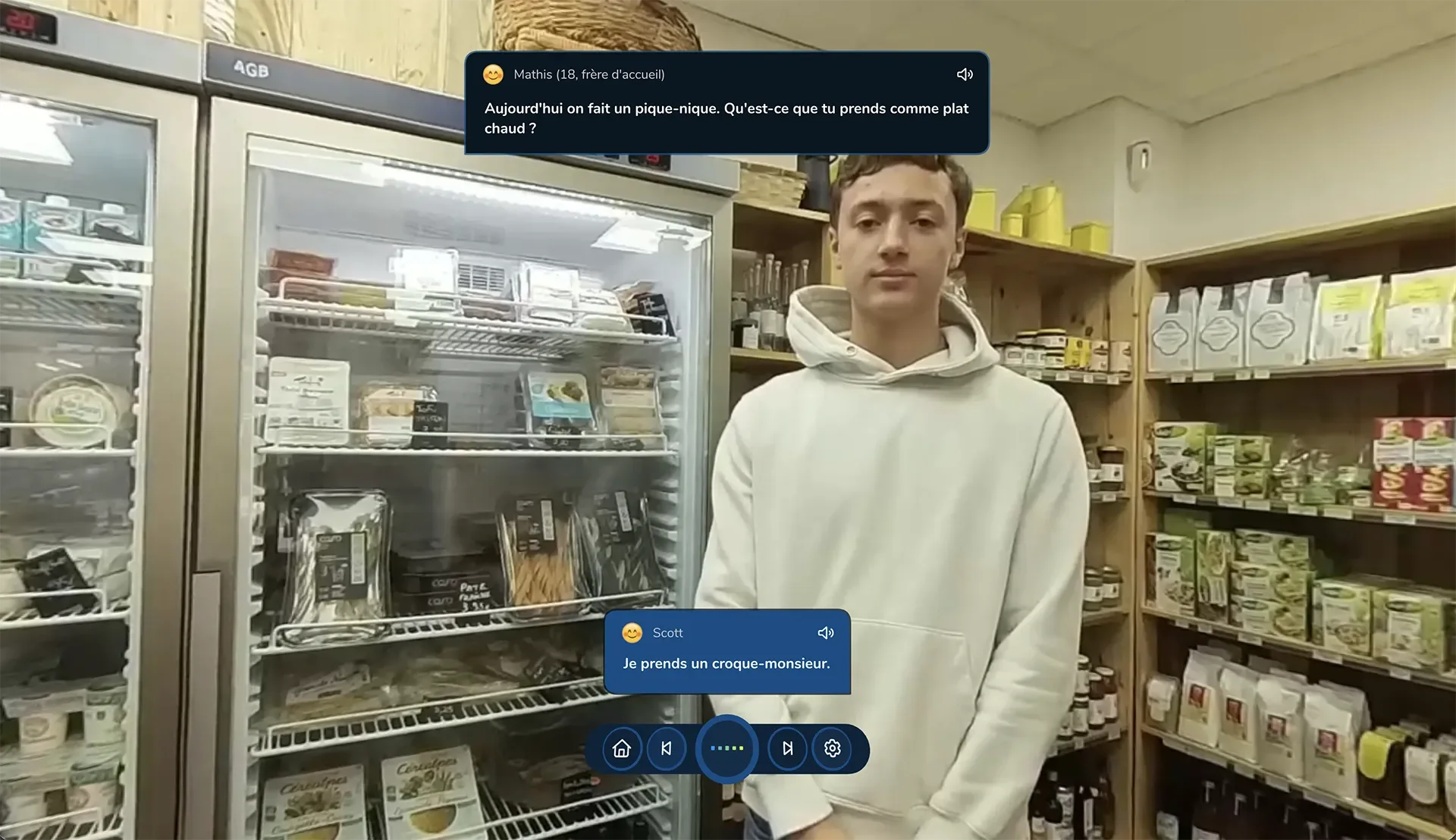 ImmerseMe French lesson in a Paris grocery store, where learners practise shopping for food with a host brother in authentic everyday conversations.