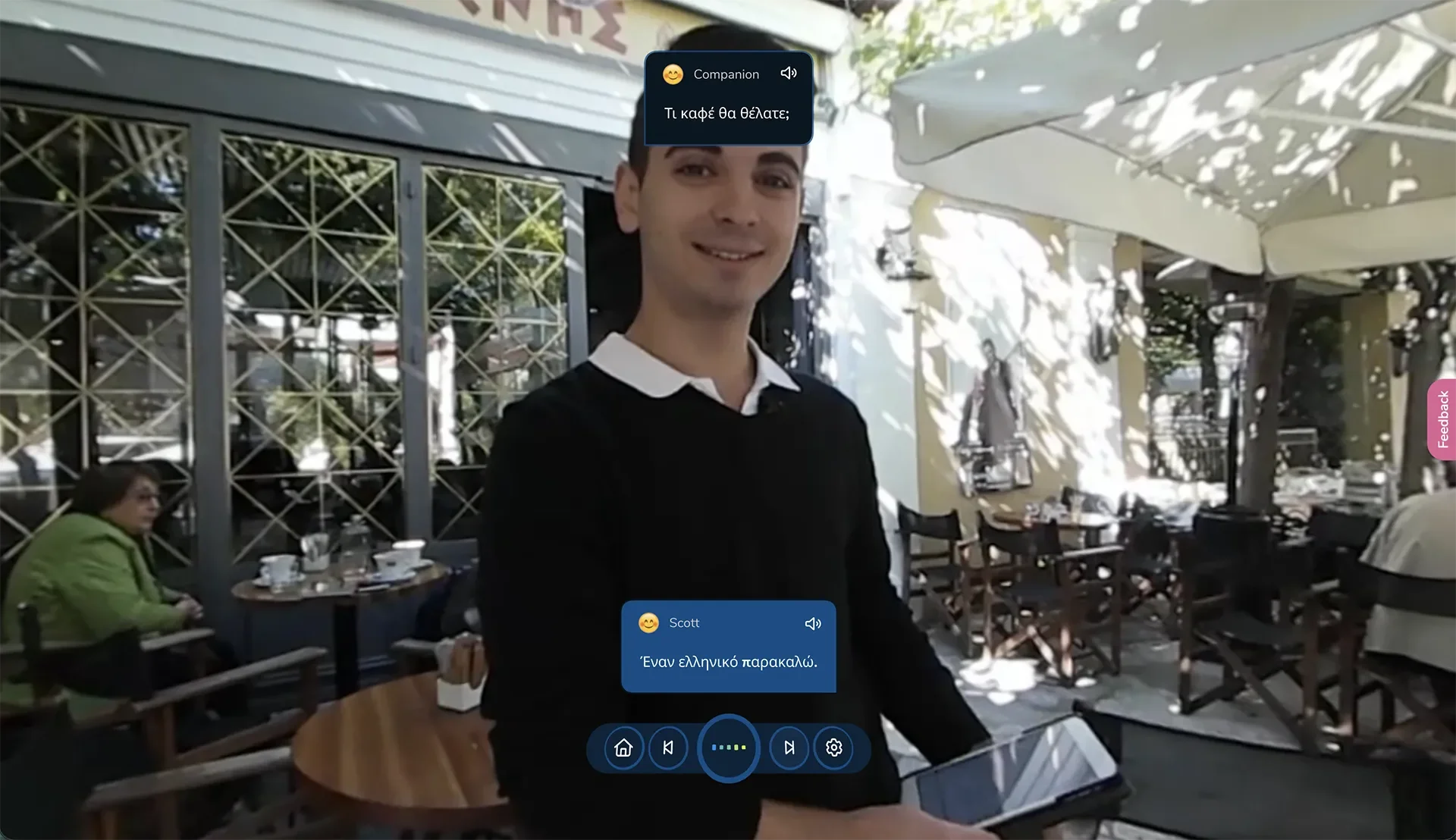 ImmerseMe Greek lesson at a café in Athens where the learner practises ordering a traditional Greek coffee in Greek during a real-world conversation.
