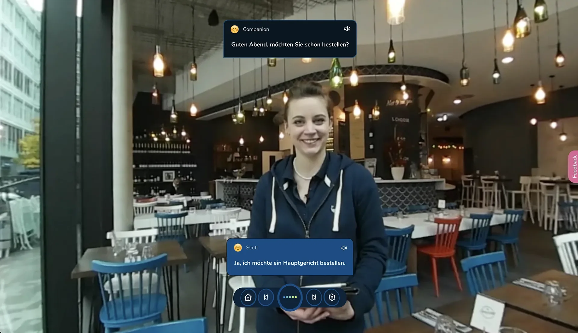 ImmerseMe German lesson in a Berlin restaurant where the learner orders a main course and practises authentic dining conversation in German.