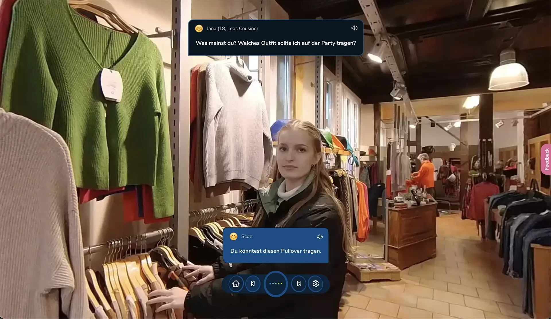 ImmerseMe German lesson in a clothing store in Marburg, Germany, where the learner helps a host sister choose an outfit while practising everyday German conversation.