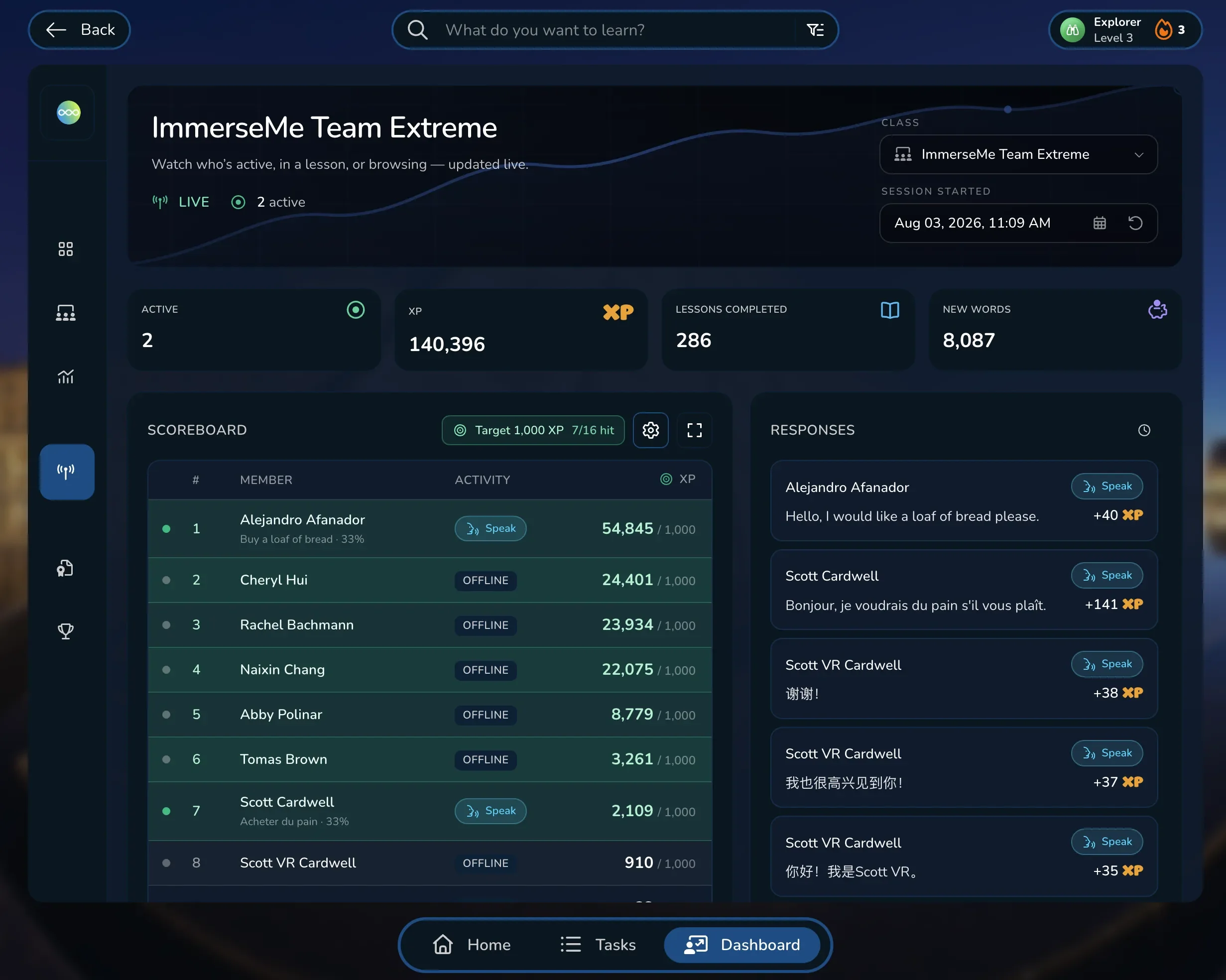 ImmerseMe Live classroom dashboard showing learners working together toward a class XP target with real-time responses and progress.