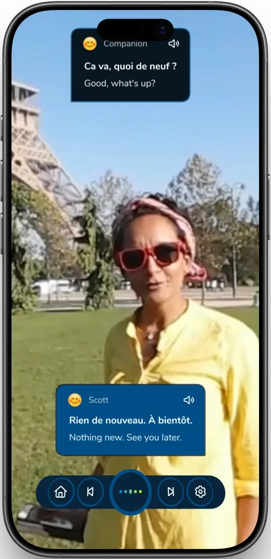 ImmerseMe language learning lesson running on an iPhone, enabling immersive speaking practice anytime, anywhere.