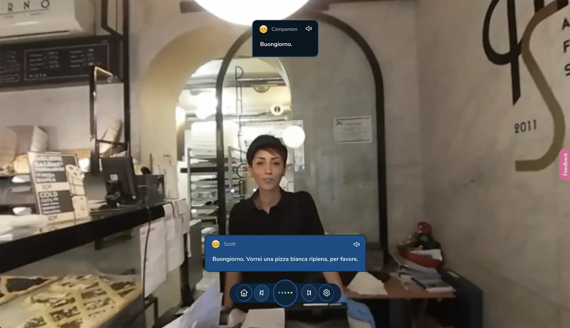 ImmerseMe Italian lesson in a traditional Roman pizzeria where the learner practises ordering pizza in Italian during a real-world conversation.
